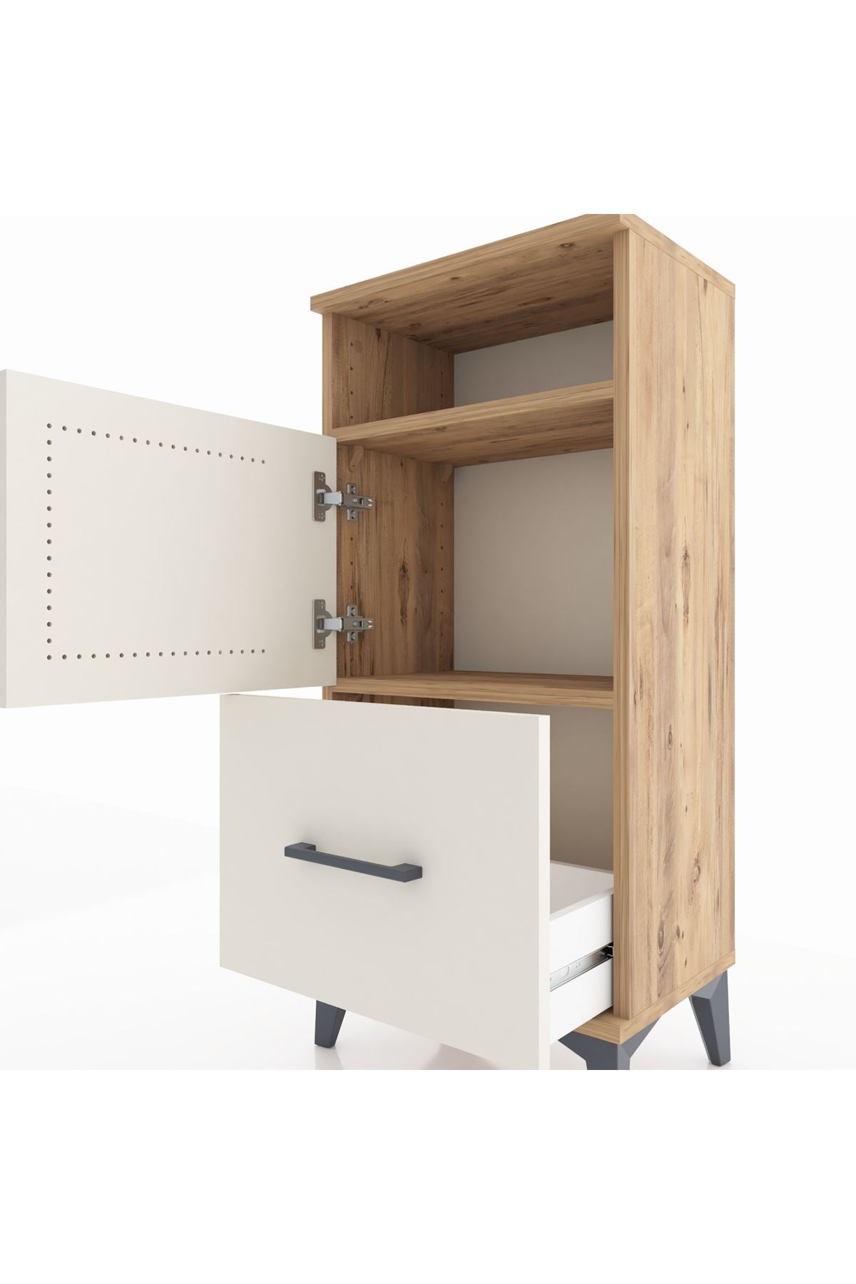 Arges Komodin 2 Raflı Tek Çekmeceli 2 Kapaklı 44x30x96 Çam-Aytaşı