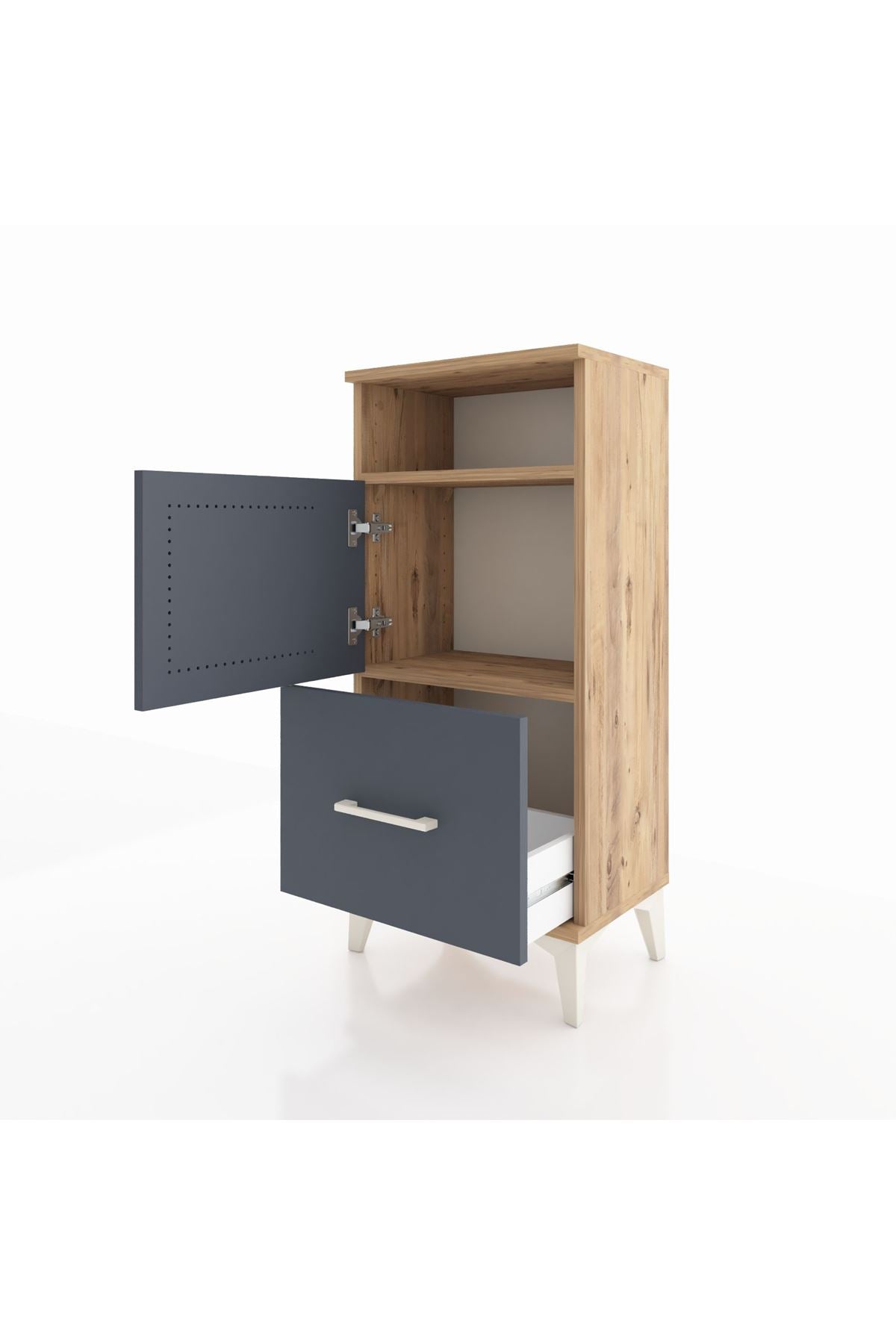 Arges Komodin 2 Raflı Tek Çekmeceli 2 Kapaklı 44x30x96 Çam-Antrasit