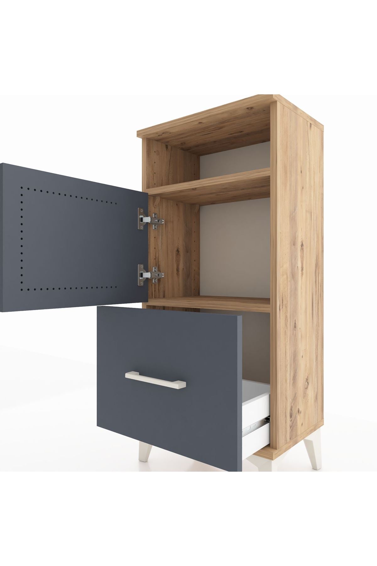 Arges Komodin 2 Raflı Tek Çekmeceli 2 Kapaklı 44x30x96 Çam-Antrasit