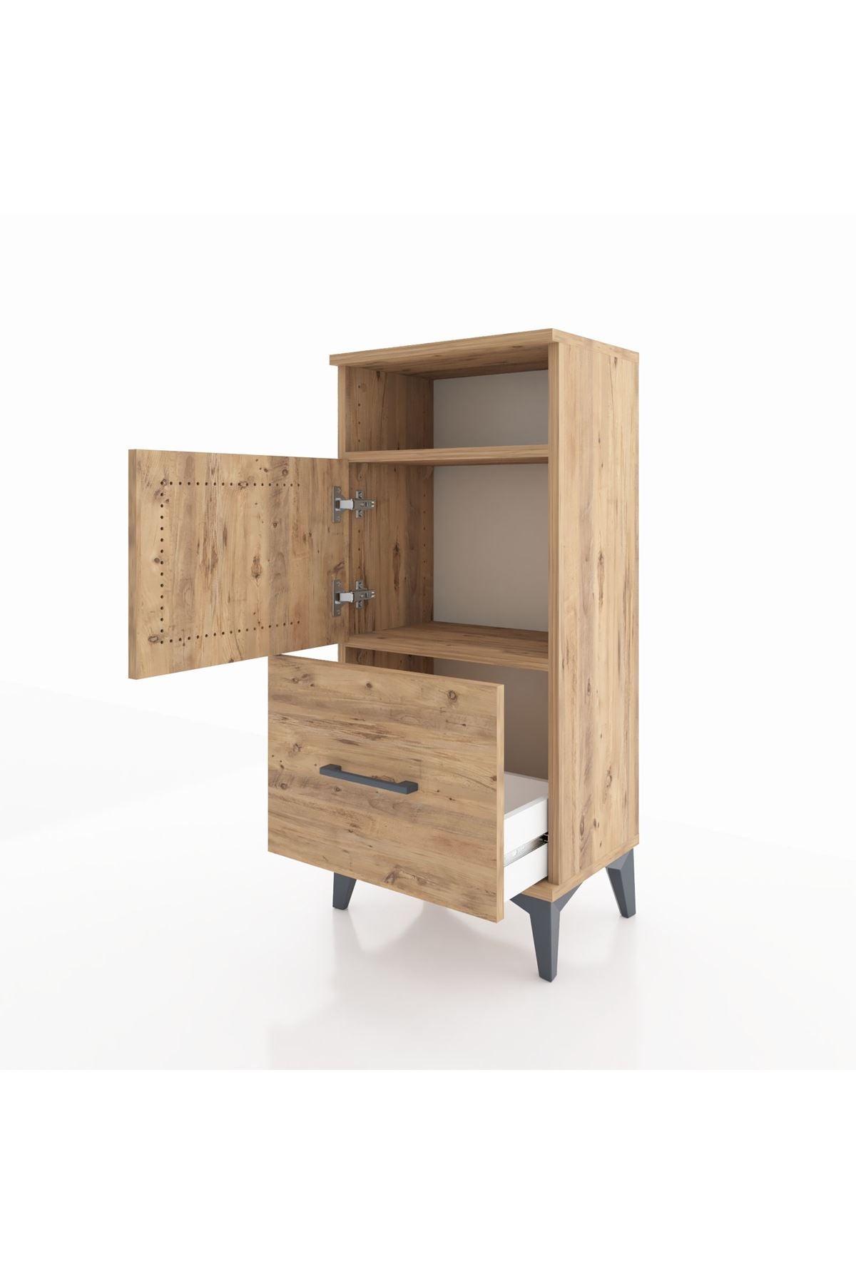 Arges Komodin 2 Raflı Tek Çekmeceli 2 Kapaklı 44x30x96 Çam-Çam