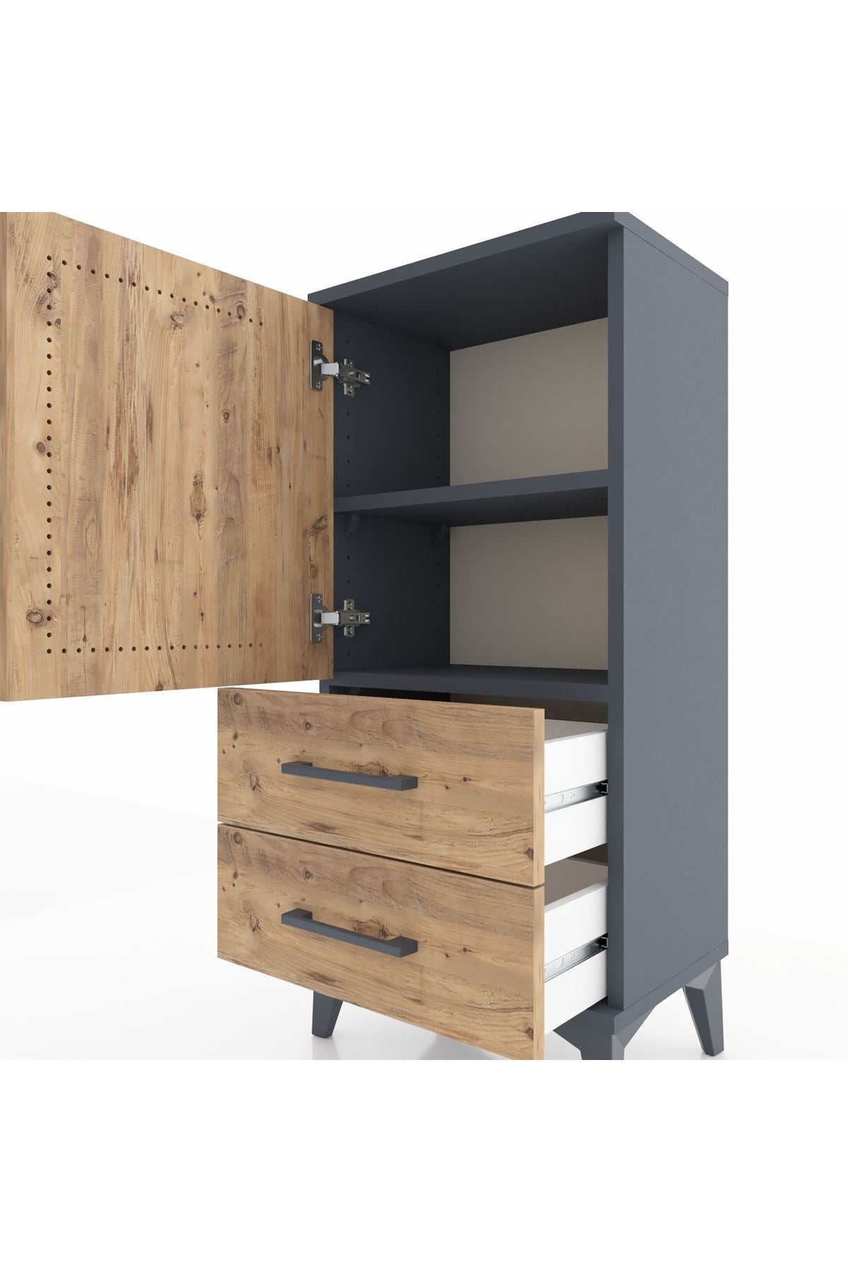 Arges Komodin 2 Raflı 2 Çekmeceli Tek Kapaklı 44x30x96 Antrasit-Çam