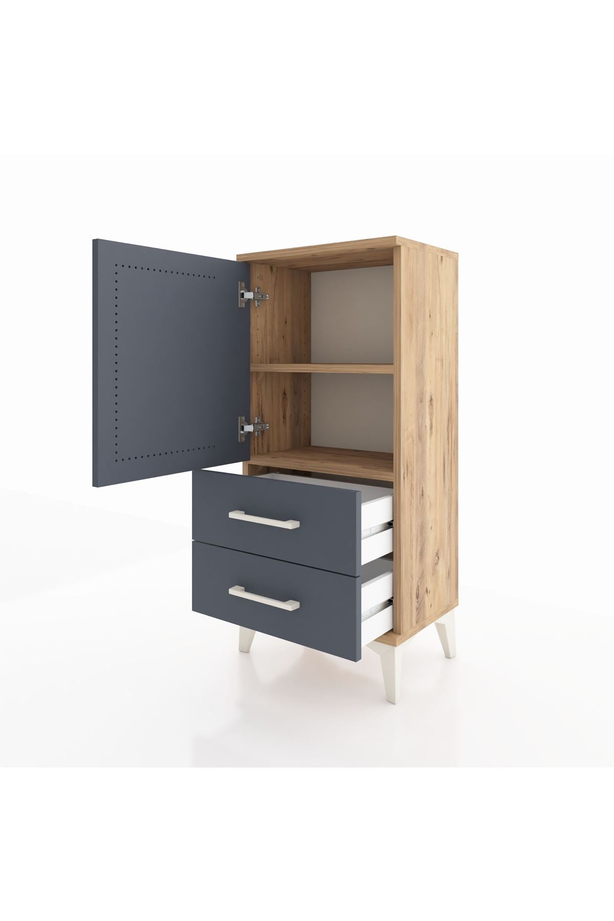 Arges Komodin 2 Raflı 2 Çekmeceli Tek Kapaklı 44x30x96 Çam-Antrasit