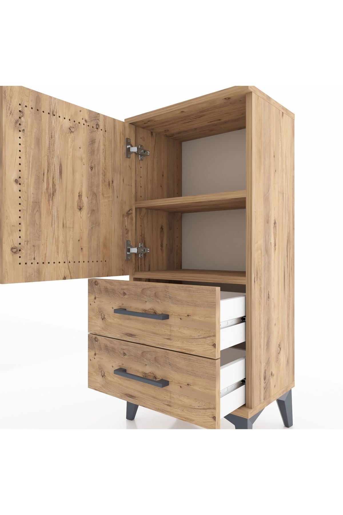 Arges Komodin 2 Raflı 2 Çekmeceli Tek Kapaklı 44x30x96 Çam-Çam