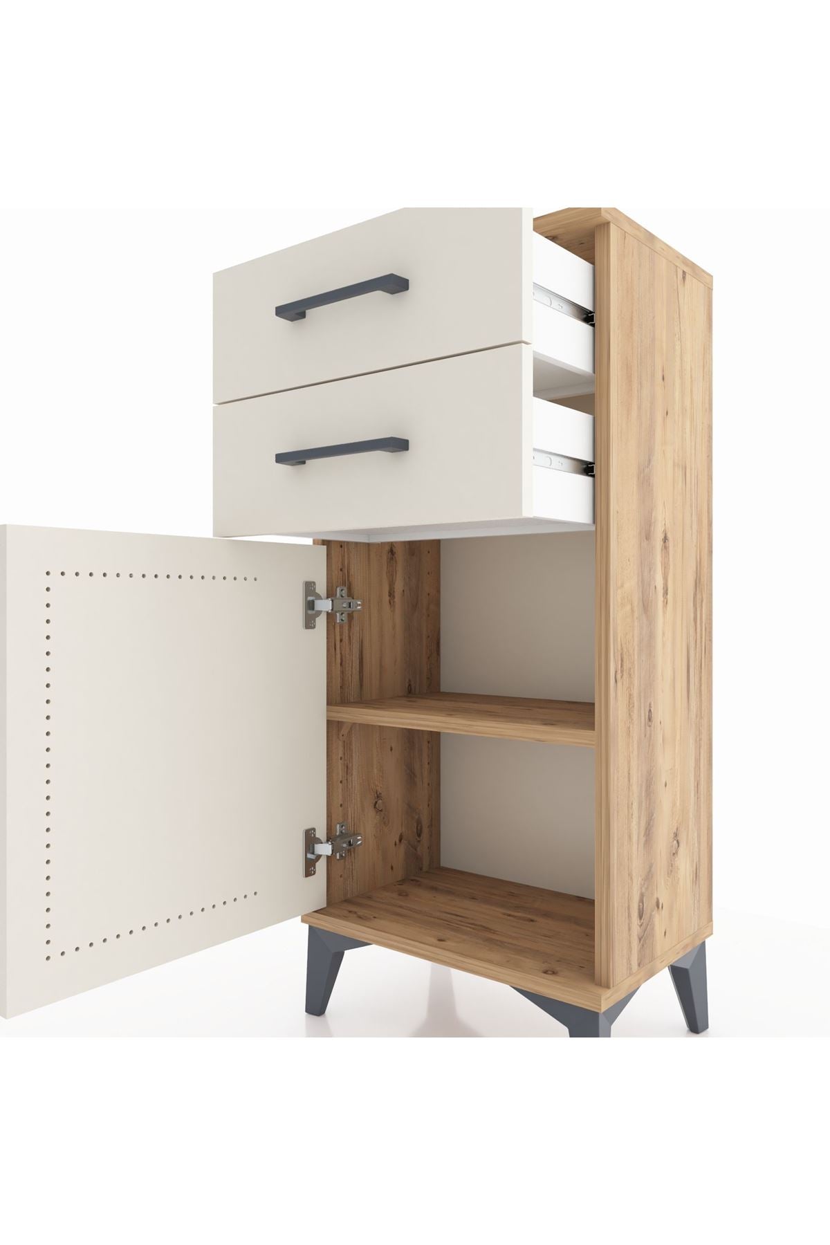 Arges Komodin Tek Raflı 2 Çekmeceli Tek Kapaklı 44x30x96 Çam-Aytaşı