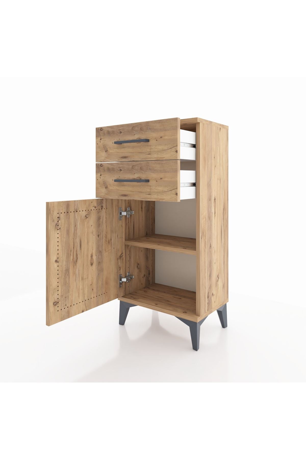 Arges Komodin Tek Raflı 2 Çekmeceli Tek Kapaklı 44x30x96 Çam-Çam