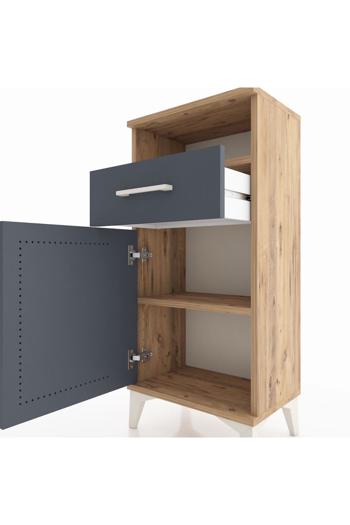 Arges Komodin 2 Raflı Tek Çekmeceli Tek Kapaklı 44x30x96 Çam-Antrasit