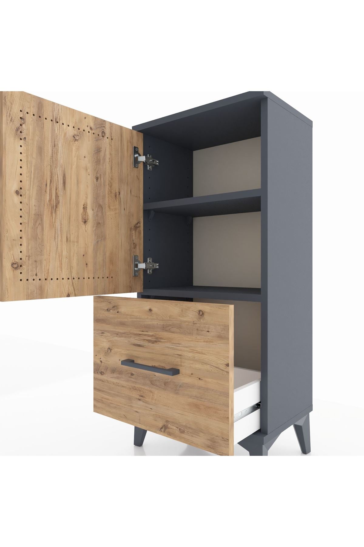 Arges Komodin 2 Raflı Tek Çekmeceli Tek Kapaklı 44x30x96 Antrasit-Çam