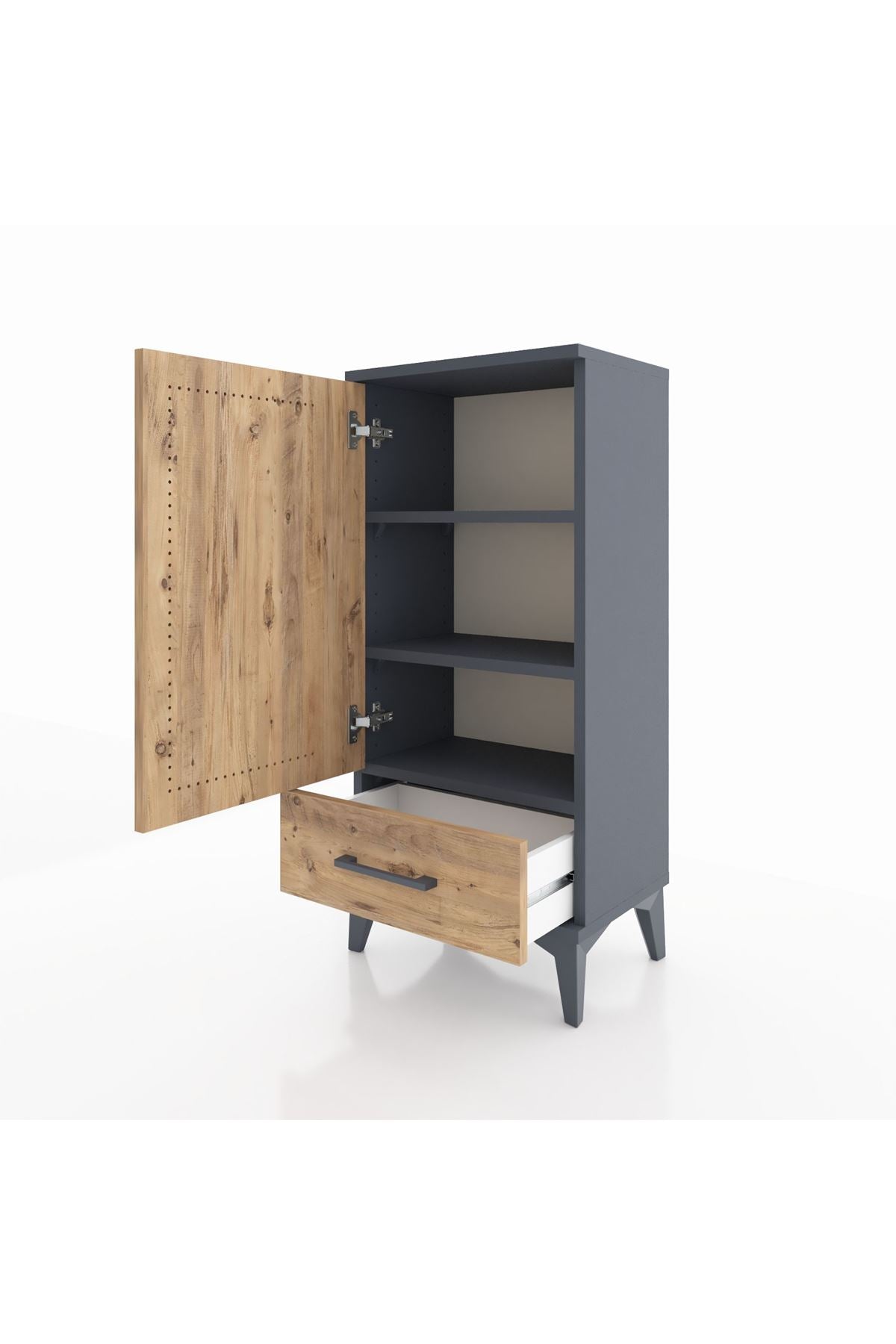 Arges Komodin 3 Raflı Tek Çekmeceli Tek Kapaklı 44x30x96 Antrasit-Çam