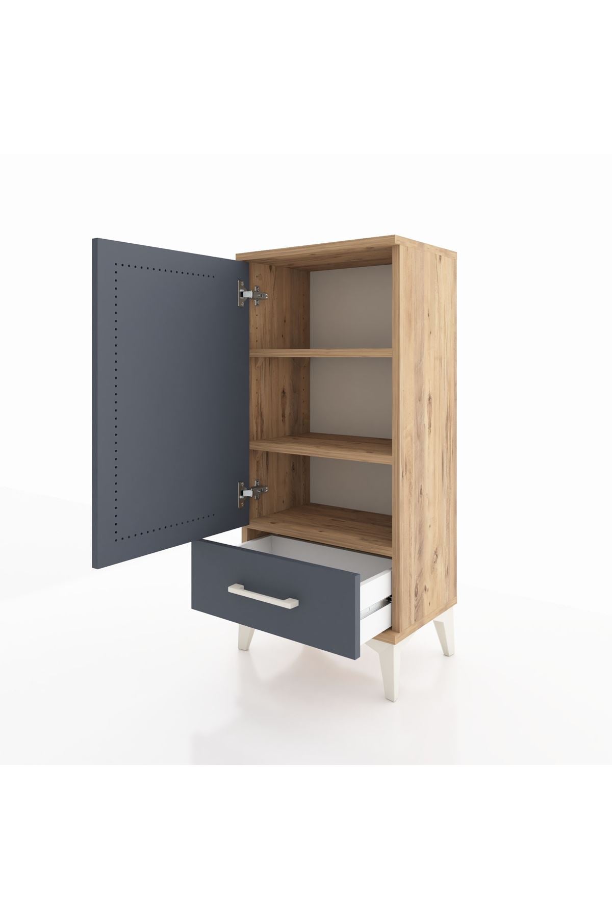 Arges Komodin 3 Raflı Tek Çekmeceli Tek Kapaklı 44x30x96 Çam-Antrasit