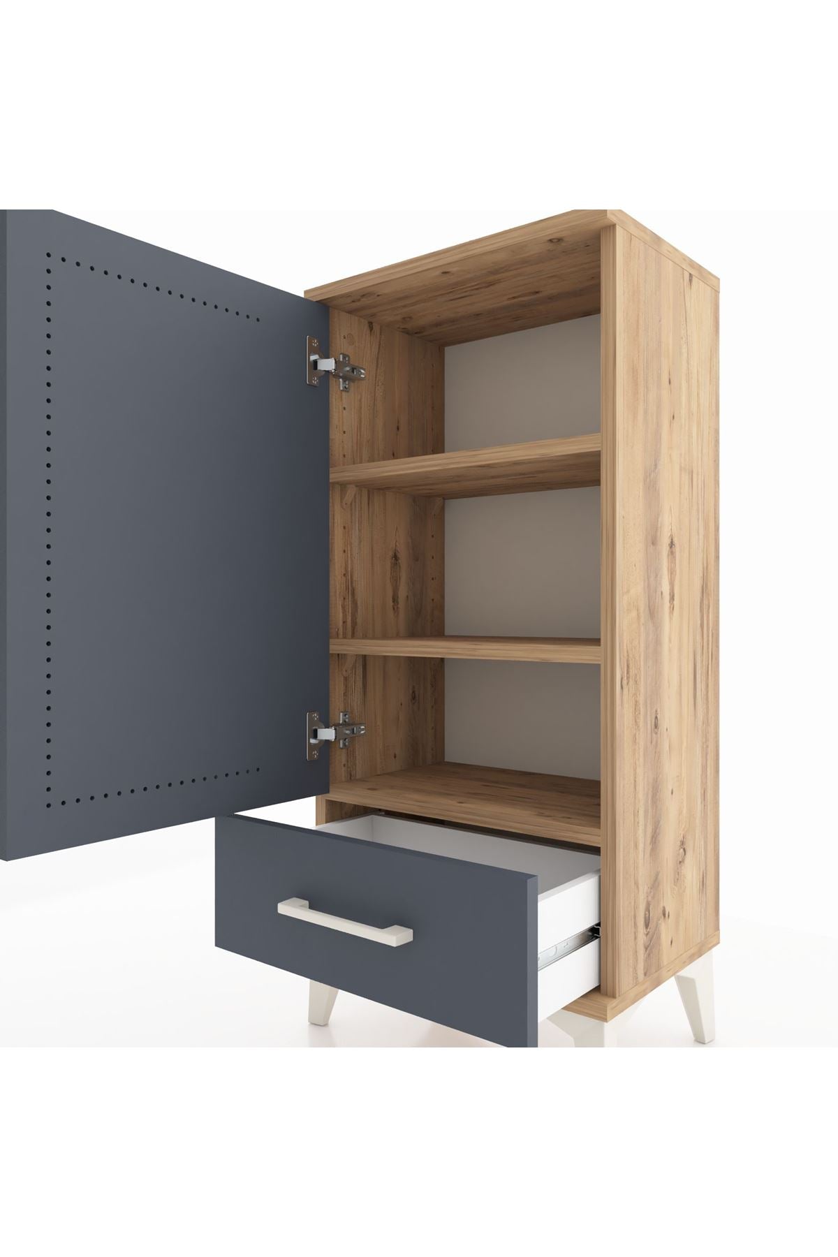 Arges Komodin 3 Raflı Tek Çekmeceli Tek Kapaklı 44x30x96 Çam-Antrasit