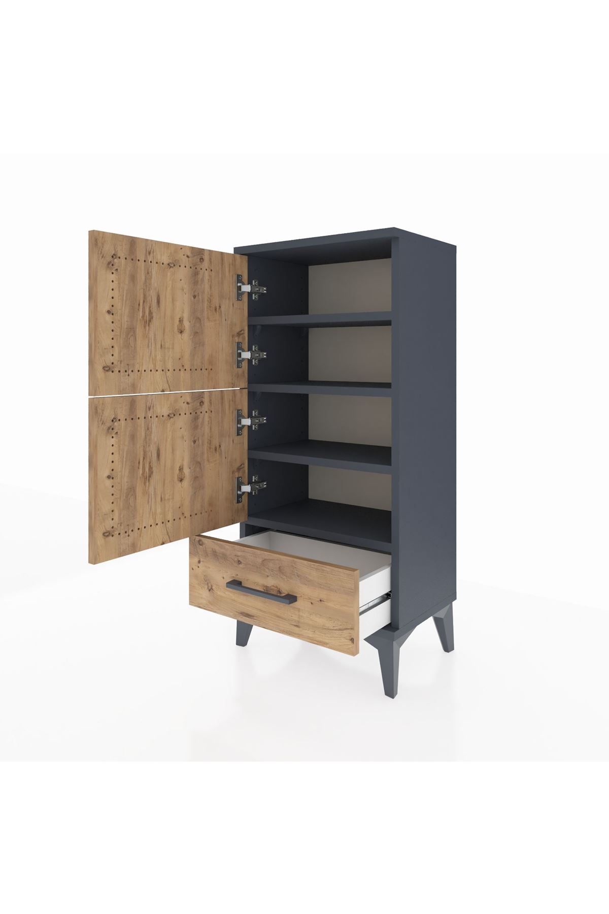 Arges Komodin 4 Raflı Tek Çekmeceli 2 Kapaklı 44x30x96 Antrasit-Çam