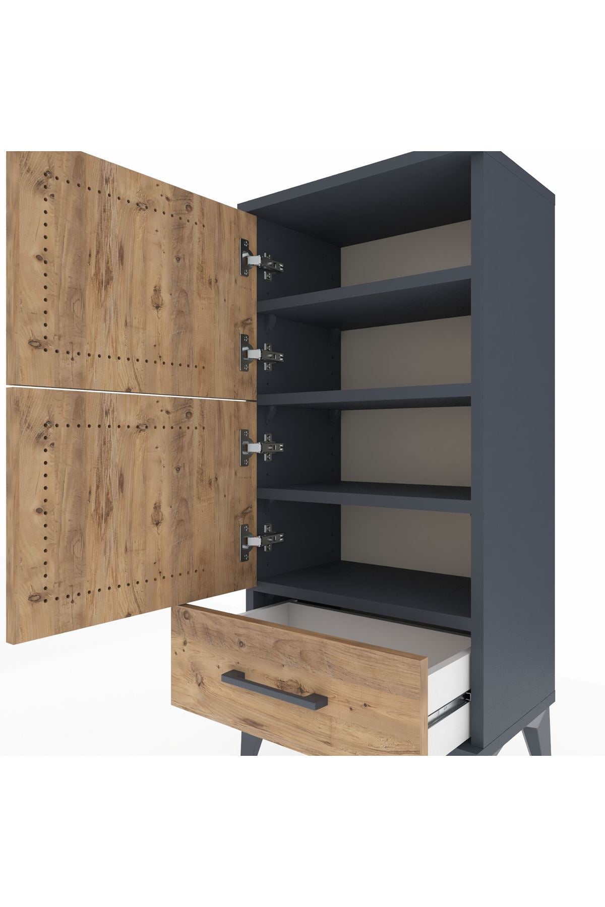 Arges Komodin 4 Raflı Tek Çekmeceli 2 Kapaklı 44x30x96 Antrasit-Çam