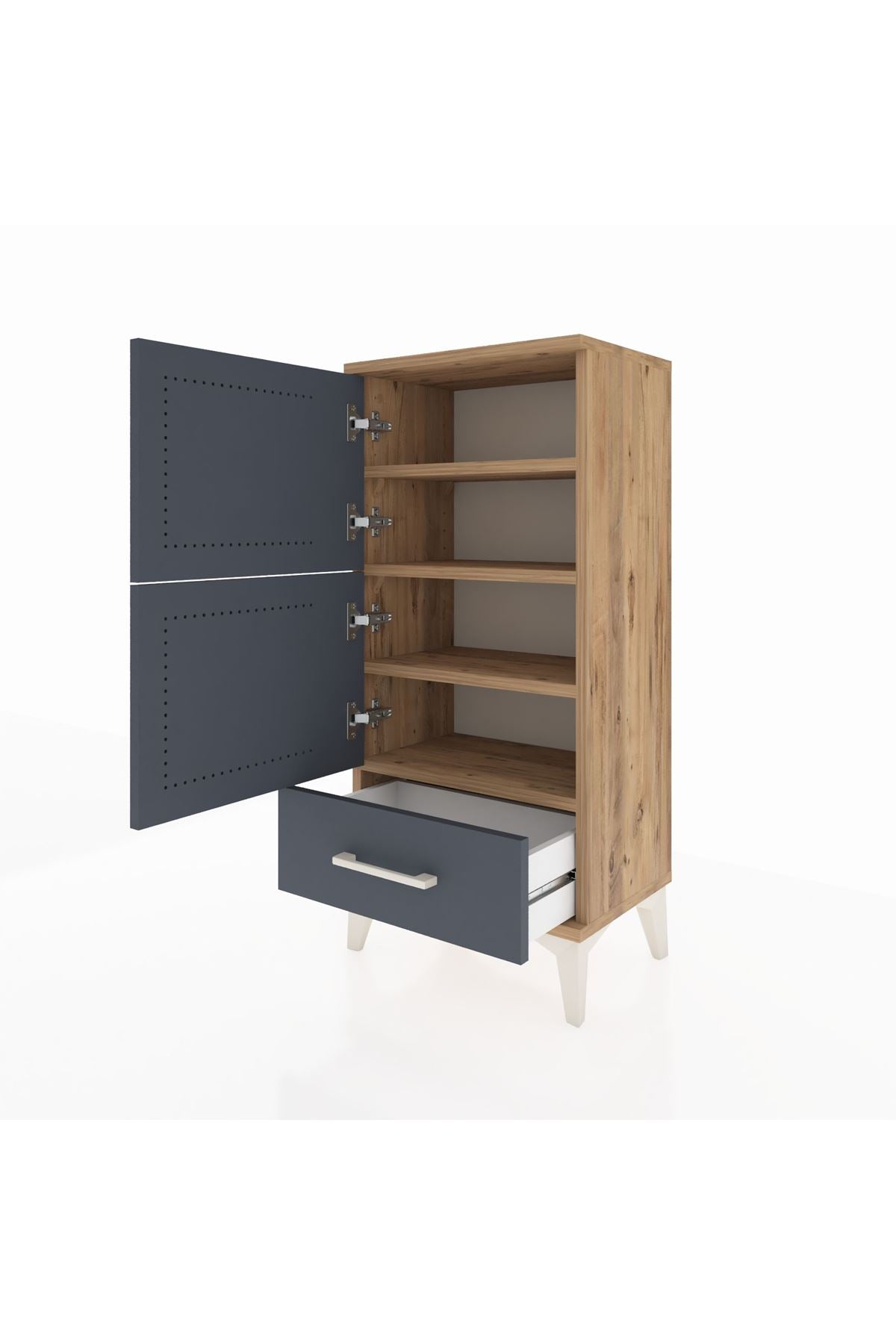 Arges Komodin 4 Raflı Tek Çekmeceli 2 Kapaklı 44x30x96 Çam-Antrasit