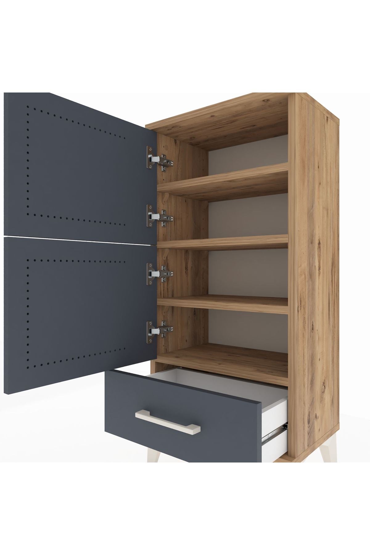 Arges Komodin 4 Raflı Tek Çekmeceli 2 Kapaklı 44x30x96 Çam-Antrasit