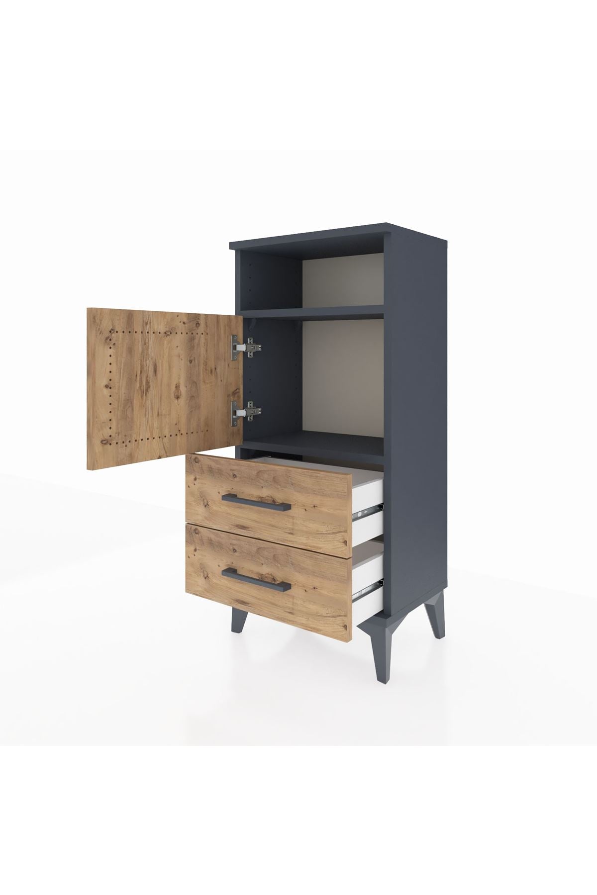 Arges Komodin 2 Raflı 2 Çekmeceli Tek Kapaklı 44x30x96 Antrasit-Çam