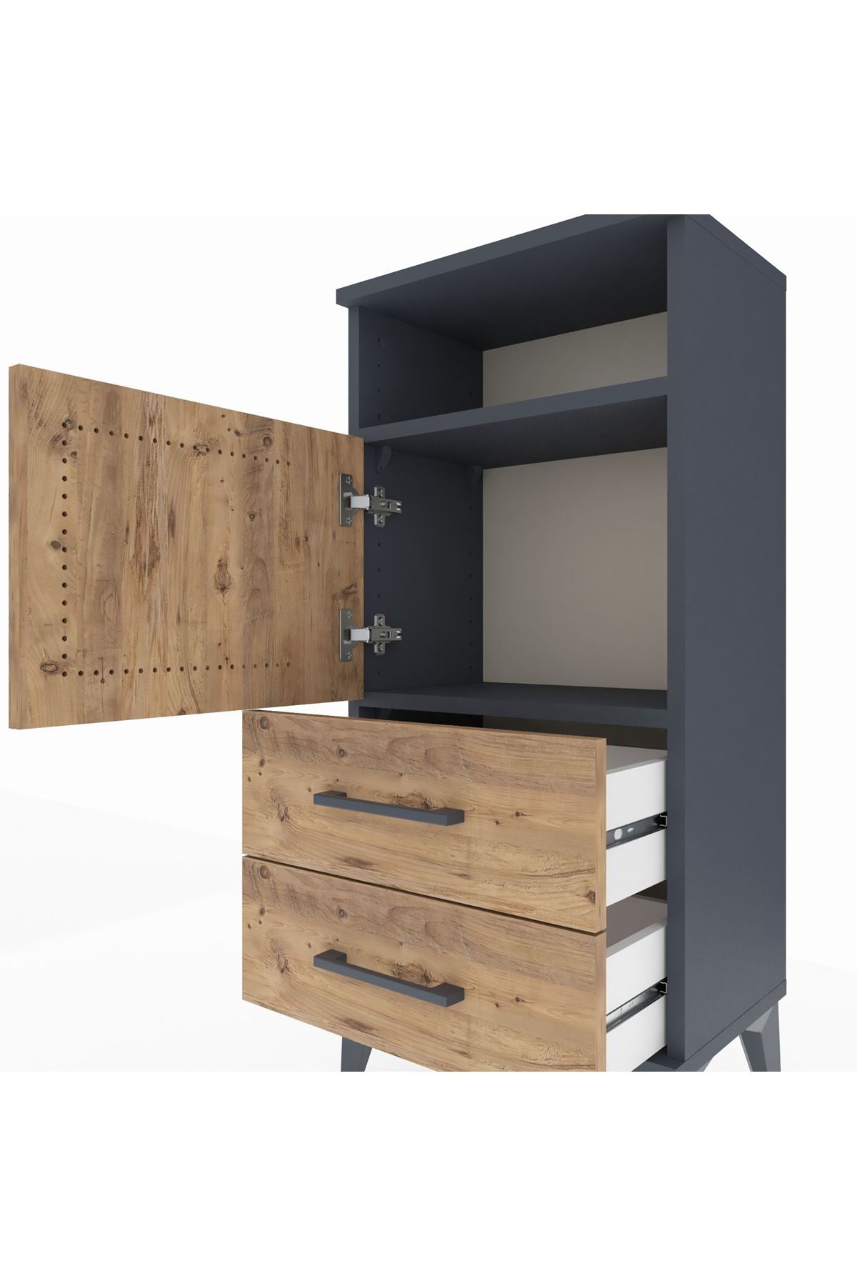 Arges Komodin 2 Raflı 2 Çekmeceli Tek Kapaklı 44x30x96 Antrasit-Çam