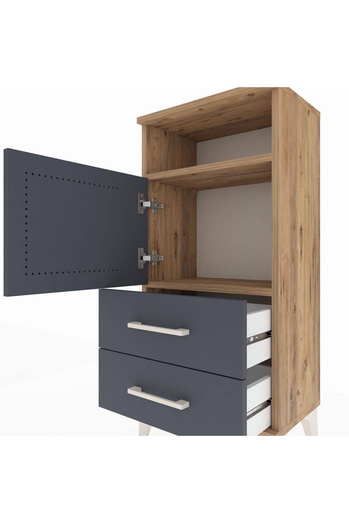 Arges Komodin 2 Raflı 2 Çekmeceli Tek Kapaklı 44x30x96 Çam-Antrasit