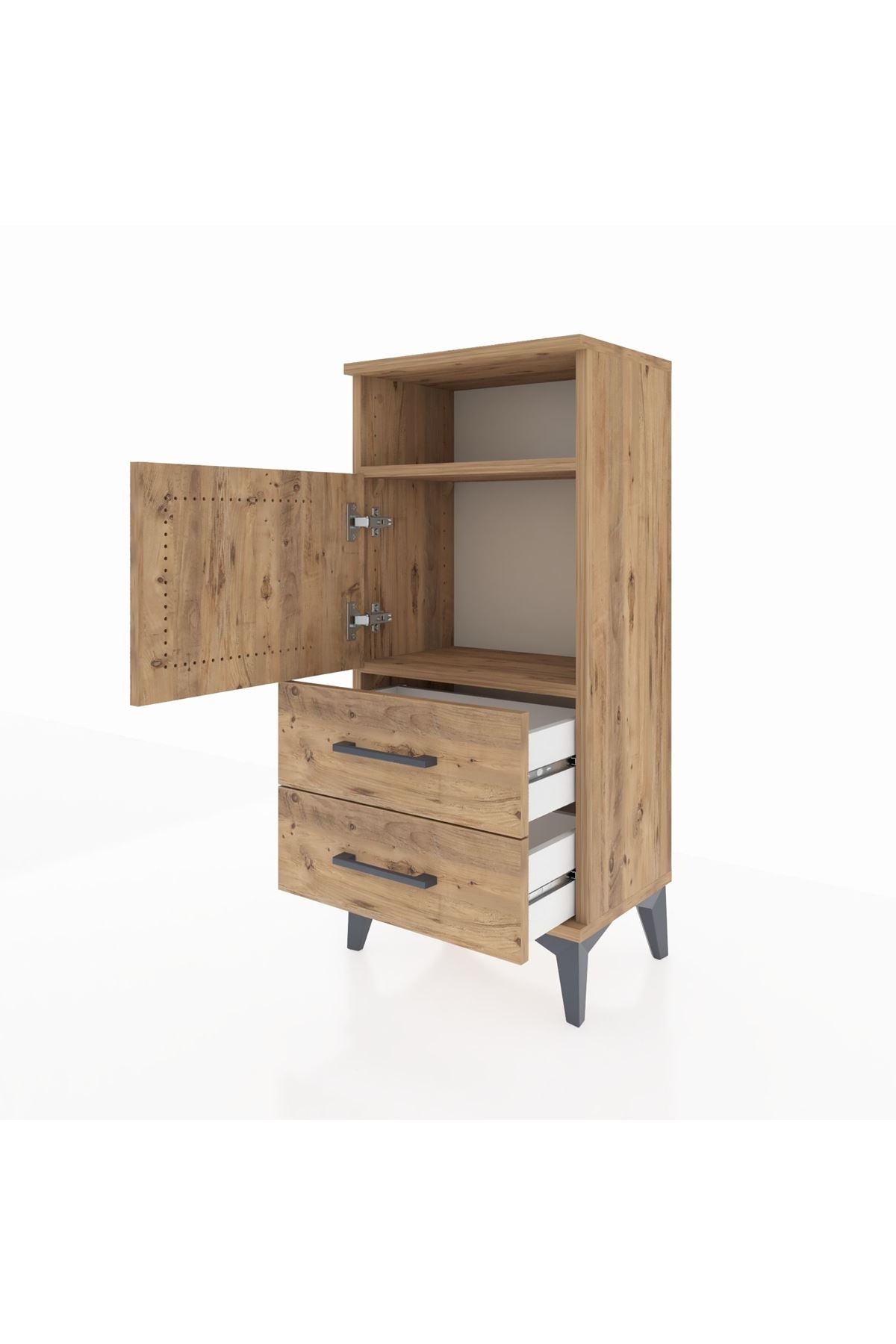 Arges Komodin 2 Raflı 2 Çekmeceli Tek Kapaklı 44x30x96 Çam-Çam