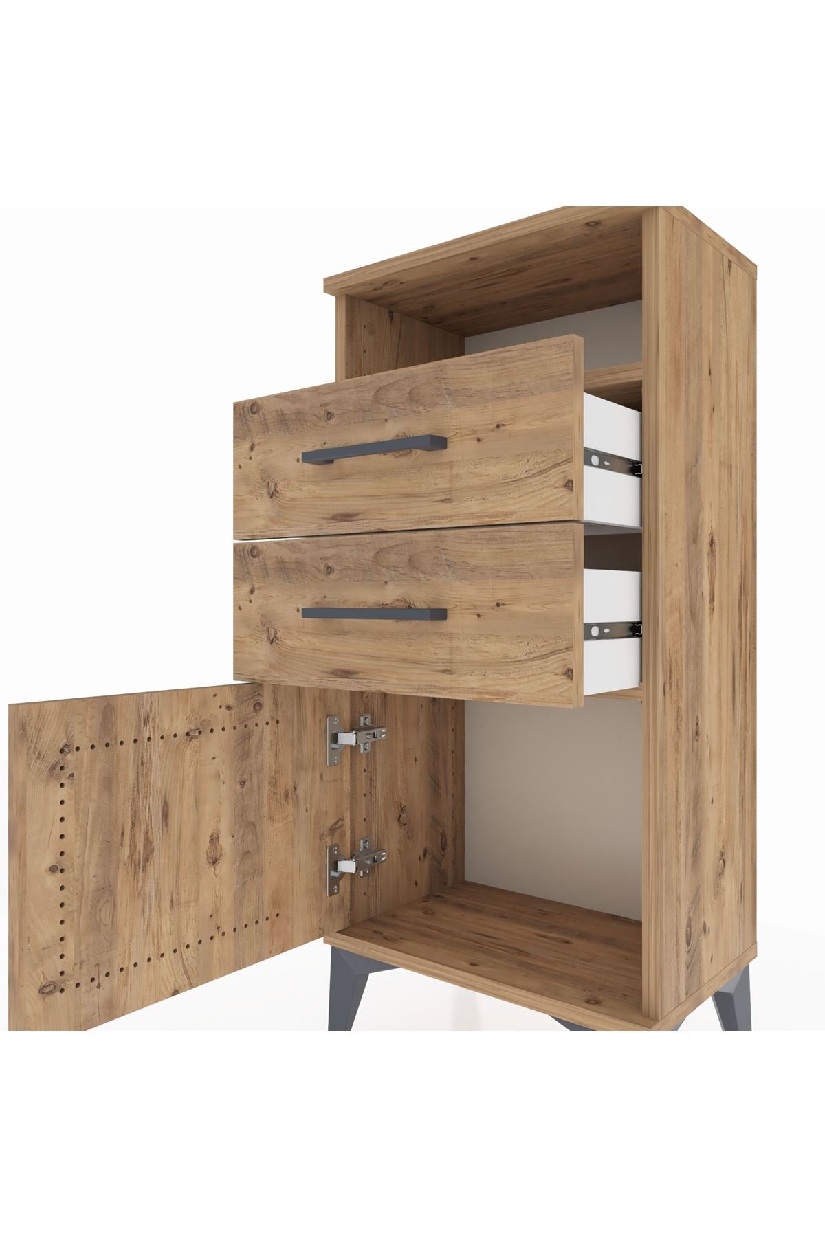 Arges Komodin Tek Raflı 2 Çekmeceli Tek Kapaklı 44x30x96 Çam-Çam