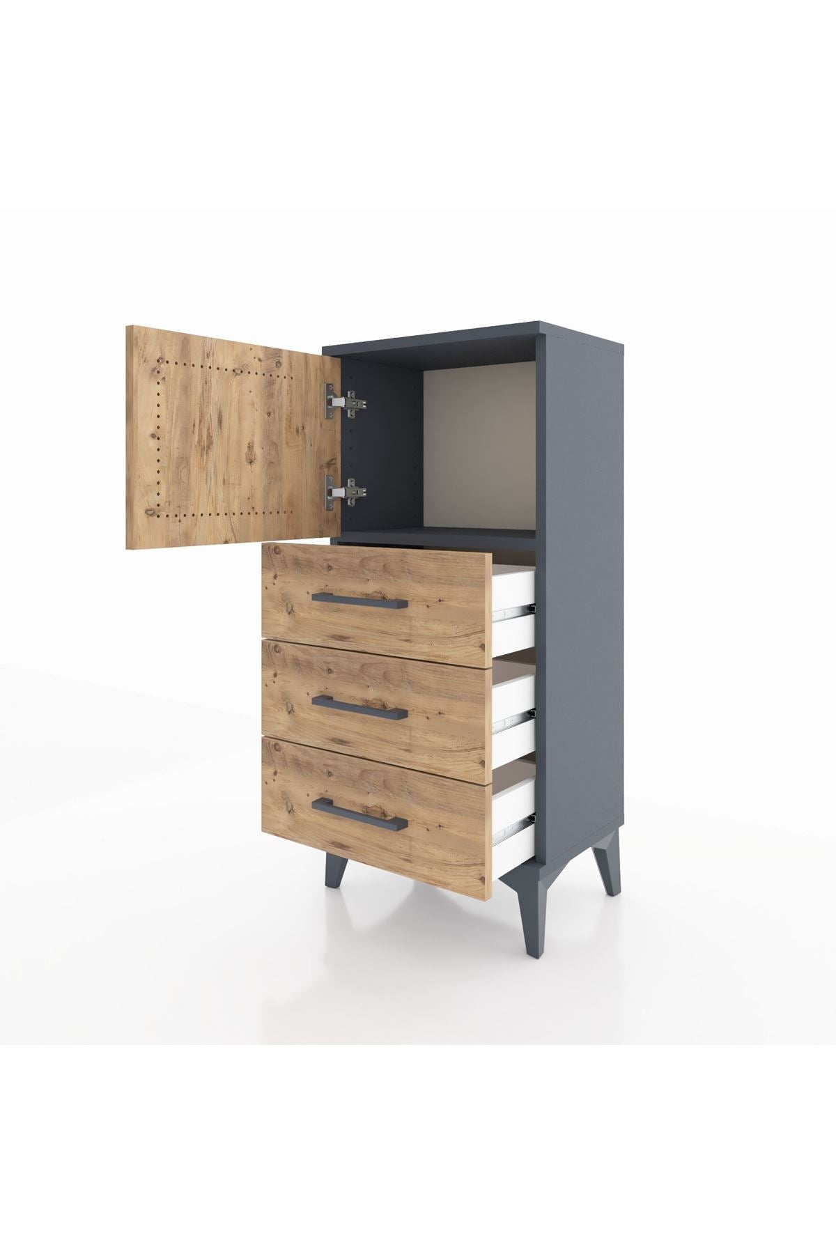 Arges Komodin Tek Raflı 3 Çekmeceli Tek Kapaklı 44x30x96 Antrasit-Çam