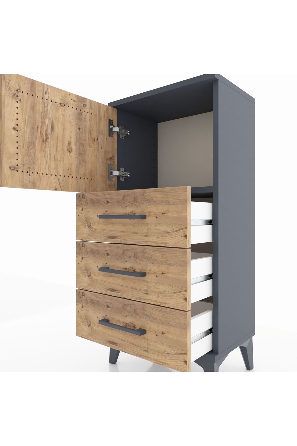 Arges Komodin Tek Raflı 3 Çekmeceli Tek Kapaklı 44x30x96 Antrasit-Çam