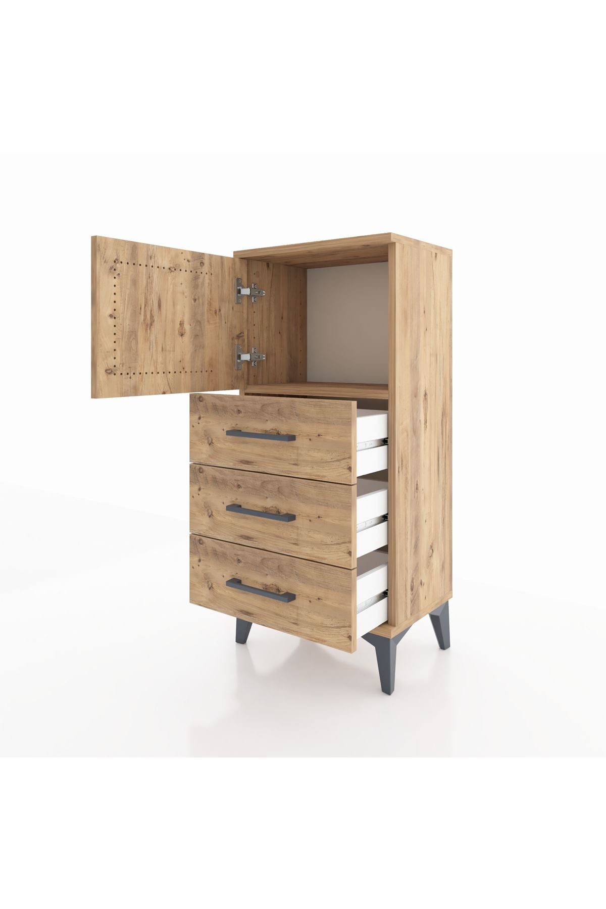 Arges Komodin Tek Raflı 3 Çekmeceli Tek Kapaklı 44x30x96 Çam-Çam