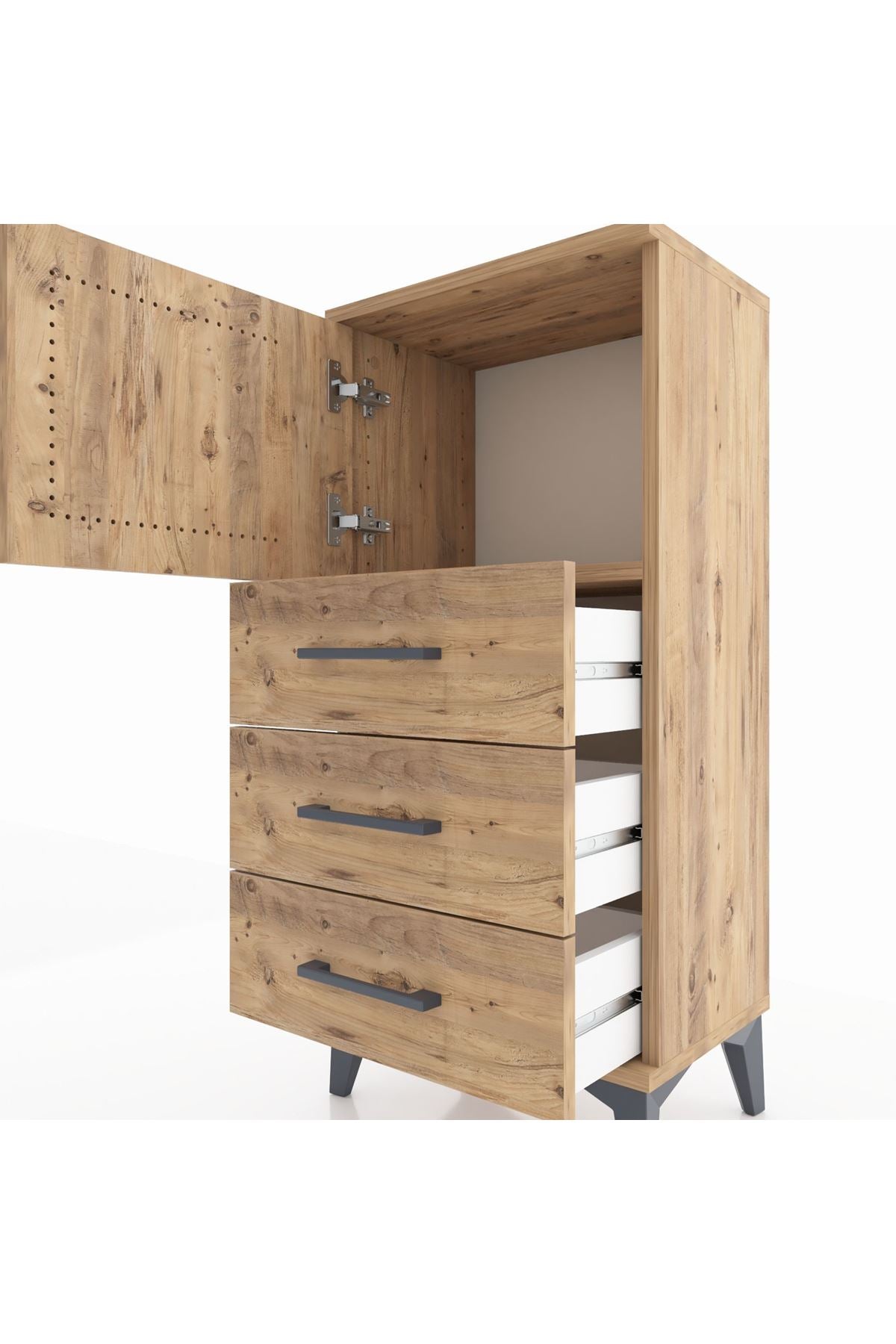 Arges Komodin Tek Raflı 3 Çekmeceli Tek Kapaklı 44x30x96 Çam-Çam