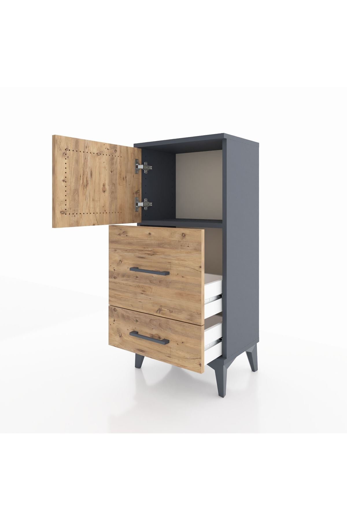 Arges Komodin Tek Raflı 2 Çekmeceli Tek Kapaklı 44x30x96 Antrasit-Çam