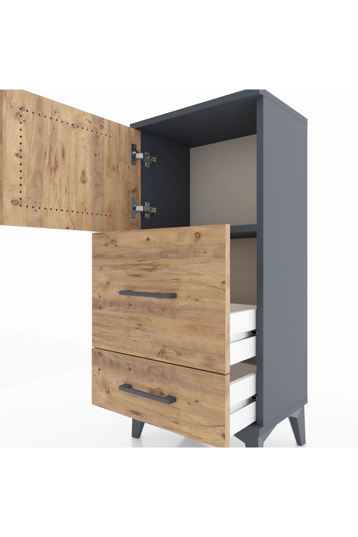 Arges Komodin Tek Raflı 2 Çekmeceli Tek Kapaklı 44x30x96 Antrasit-Çam