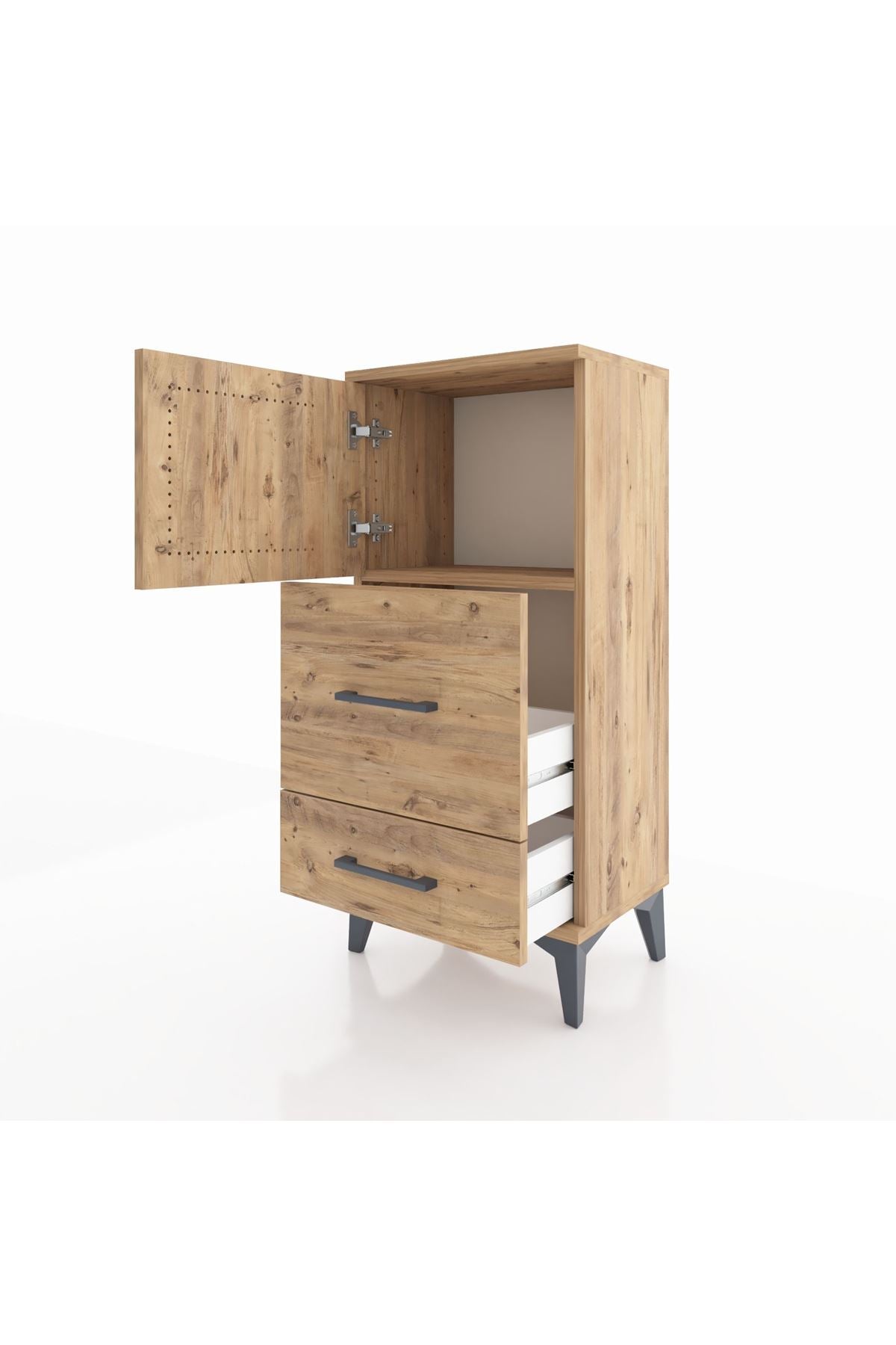 Arges Komodin Tek Raflı 2 Çekmeceli Tek Kapaklı 44x30x96 Çam-Çam