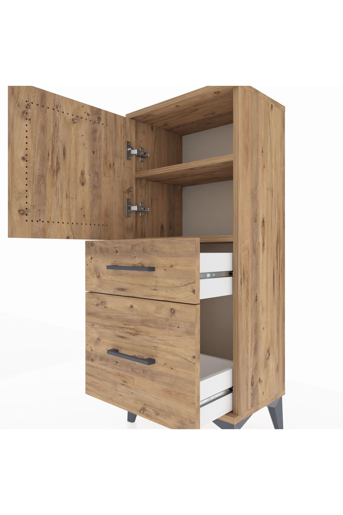 Arges Komodin 2 Raflı 2 Çekmeceli Tek Kapaklı 44x30x106 Çam-Çam