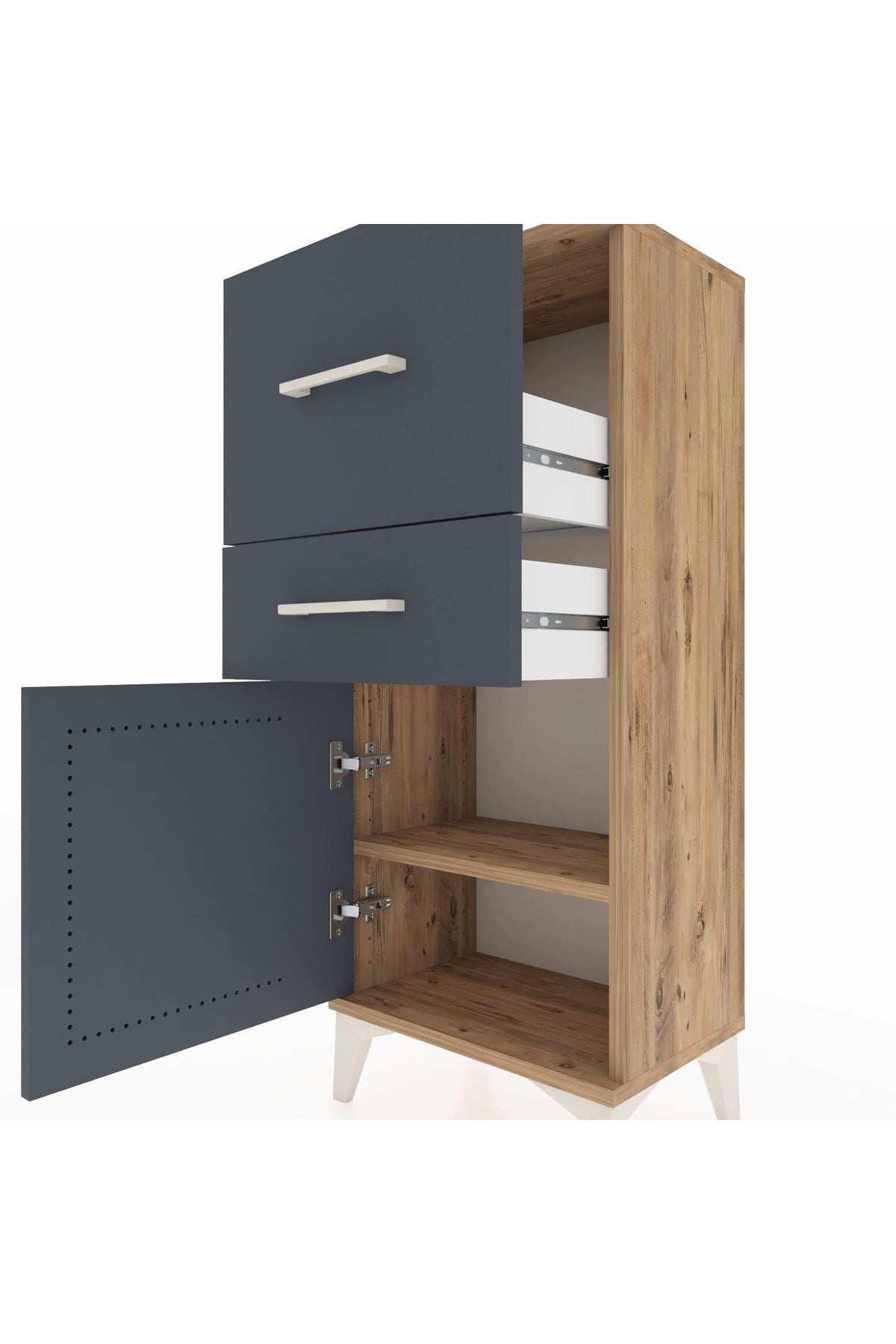 Arges Komodin Tek Raflı 2 Çekmeceli Tek Kapaklı 44x30x106 Çam-Antrasit