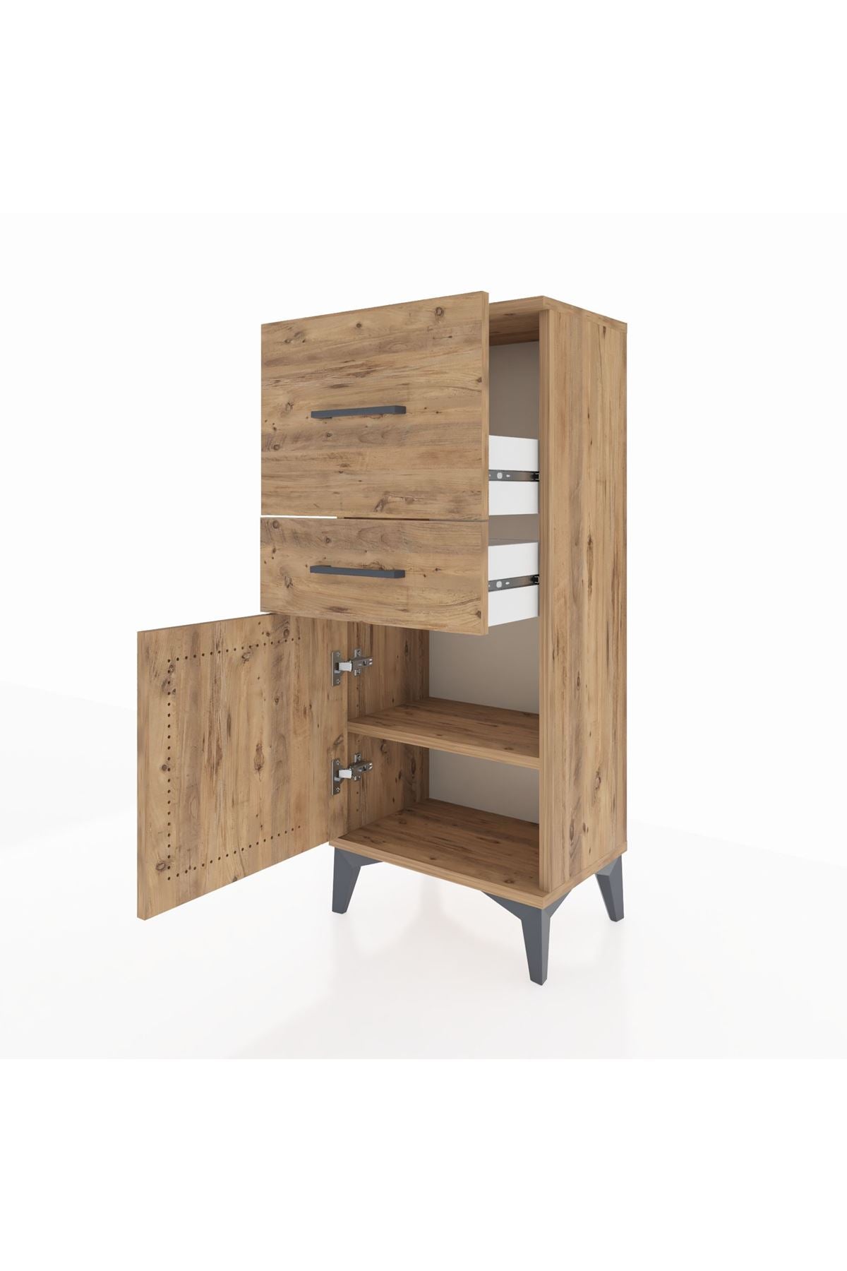 Arges Komodin Tek Raflı 2 Çekmeceli Tek Kapaklı 44x30x106 Çam-Çam