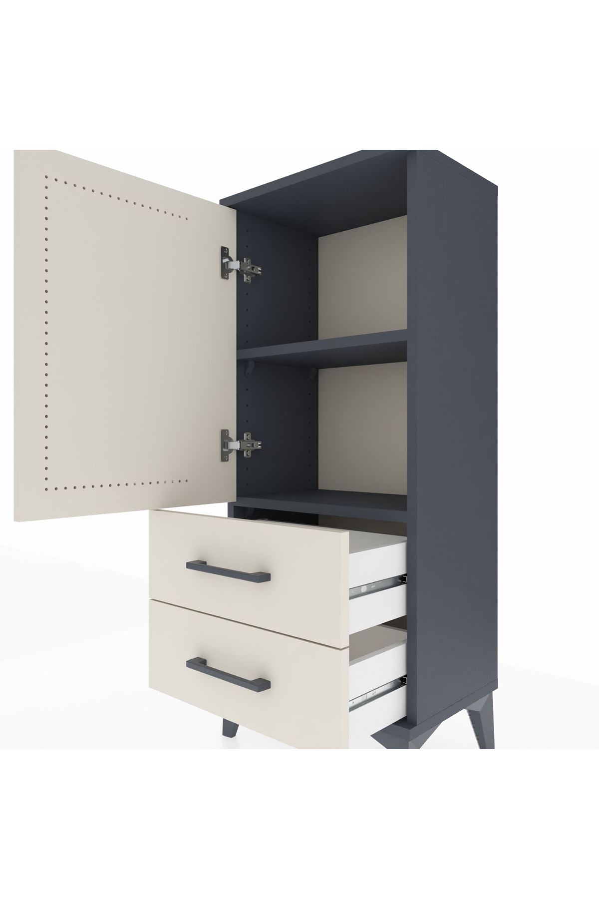 Arges Komodin 2 Raflı 2 Çekmeceli Tek Kapaklı 44x30x106 Antrasit-Aytaşı