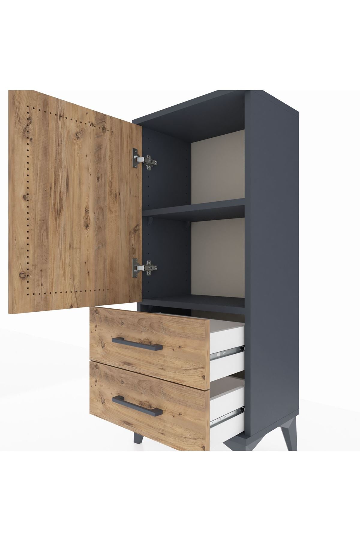 Arges Komodin 2 Raflı 2 Çekmeceli Tek Kapaklı 44x30x106 Antrasit-Çam