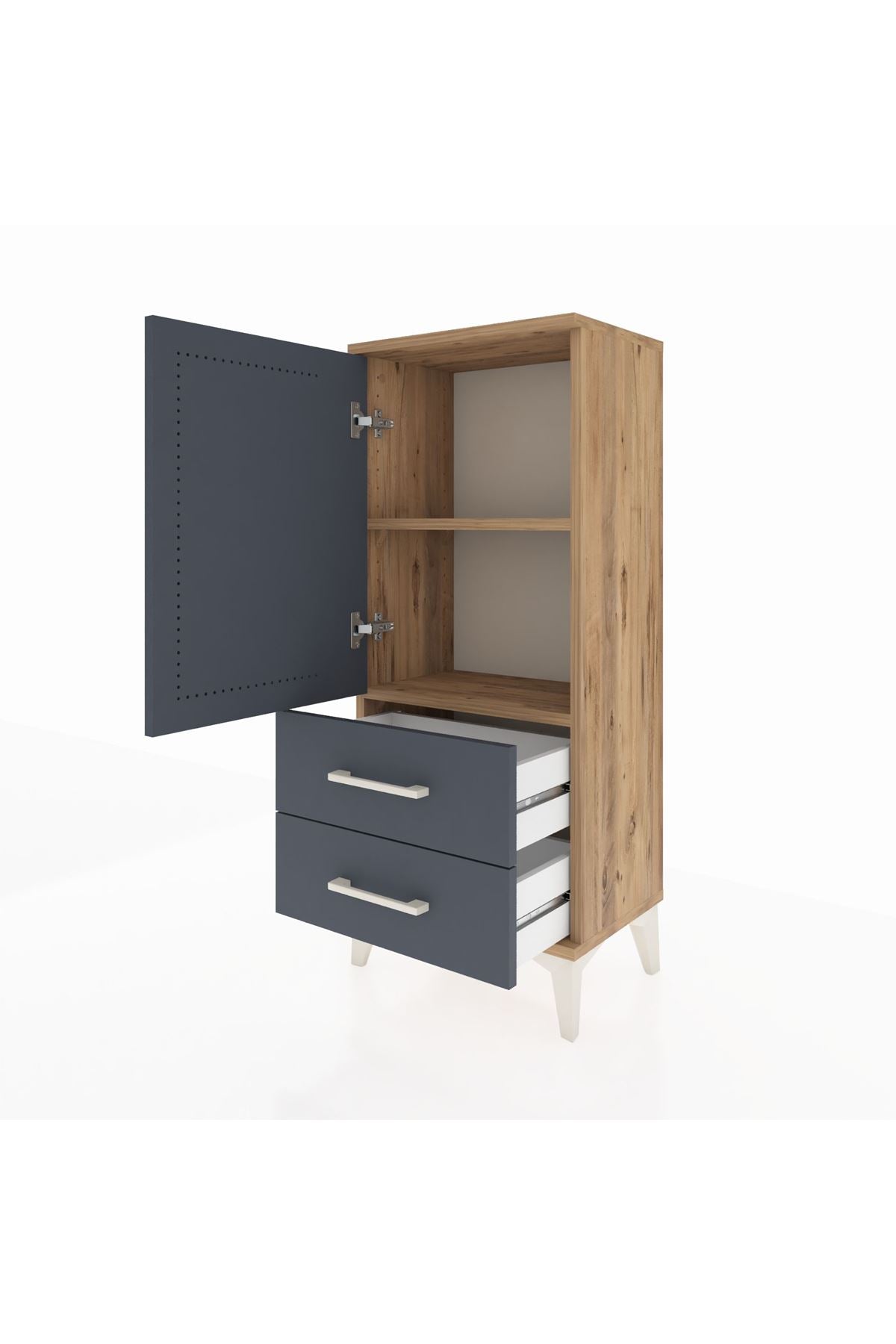 Arges Komodin 2 Raflı 2 Çekmeceli Tek Kapaklı 44x30x106 Çam-Antrasit