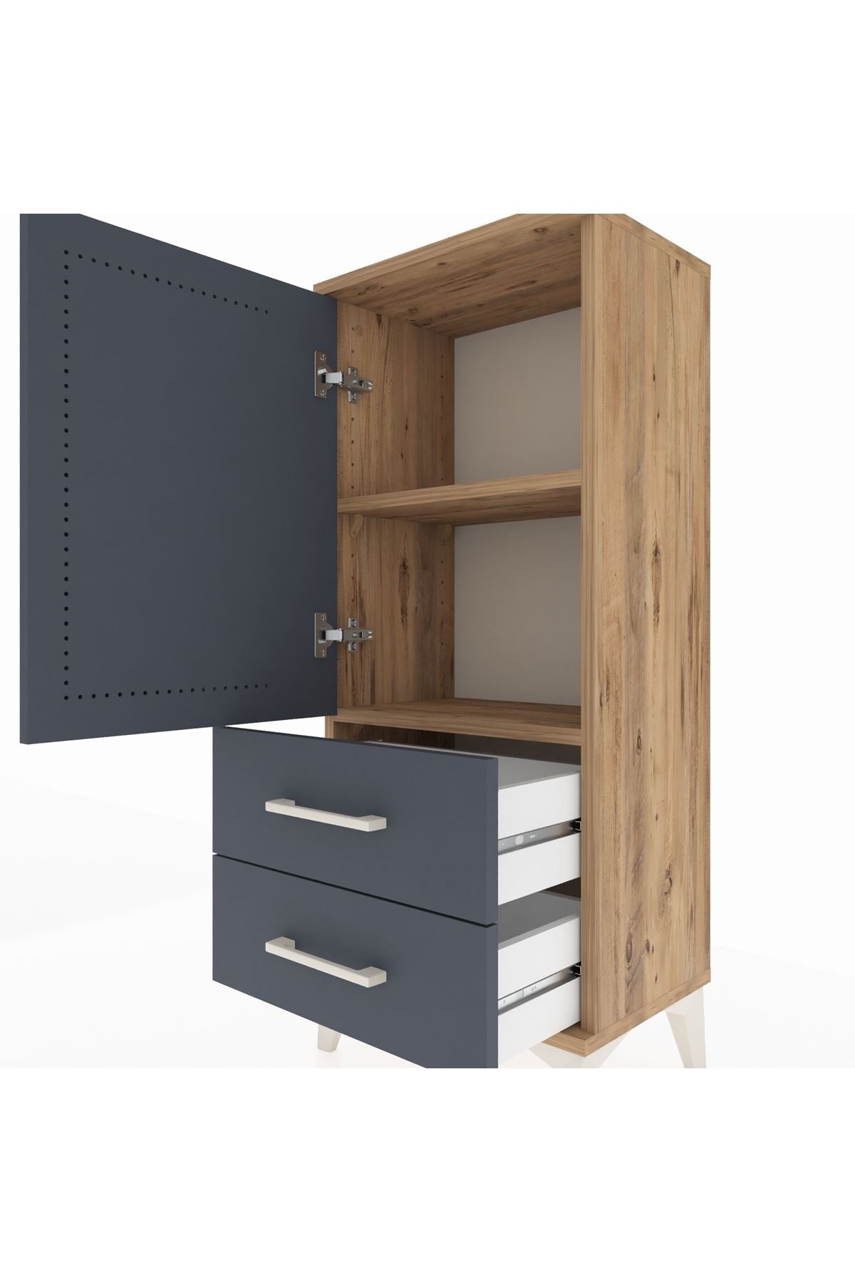 Arges Komodin 2 Raflı 2 Çekmeceli Tek Kapaklı 44x30x106 Çam-Antrasit