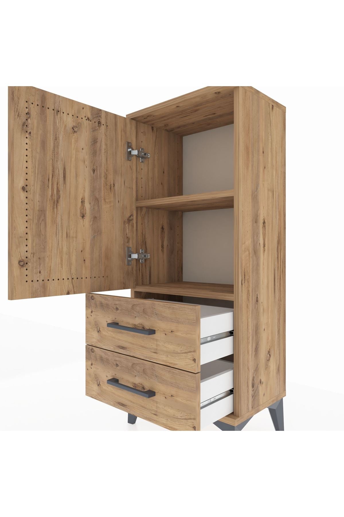 Arges Komodin 2 Raflı 2 Çekmeceli Tek Kapaklı 44x30x106 Çam-Çam