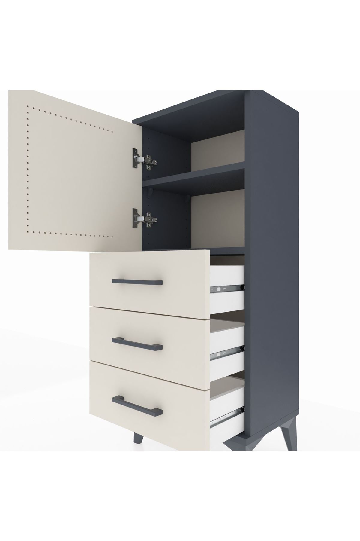 Arges Komodin 2 Raflı 3 Çekmeceli Tek Kapaklı 44x30x106 Antrasit-Aytaşı