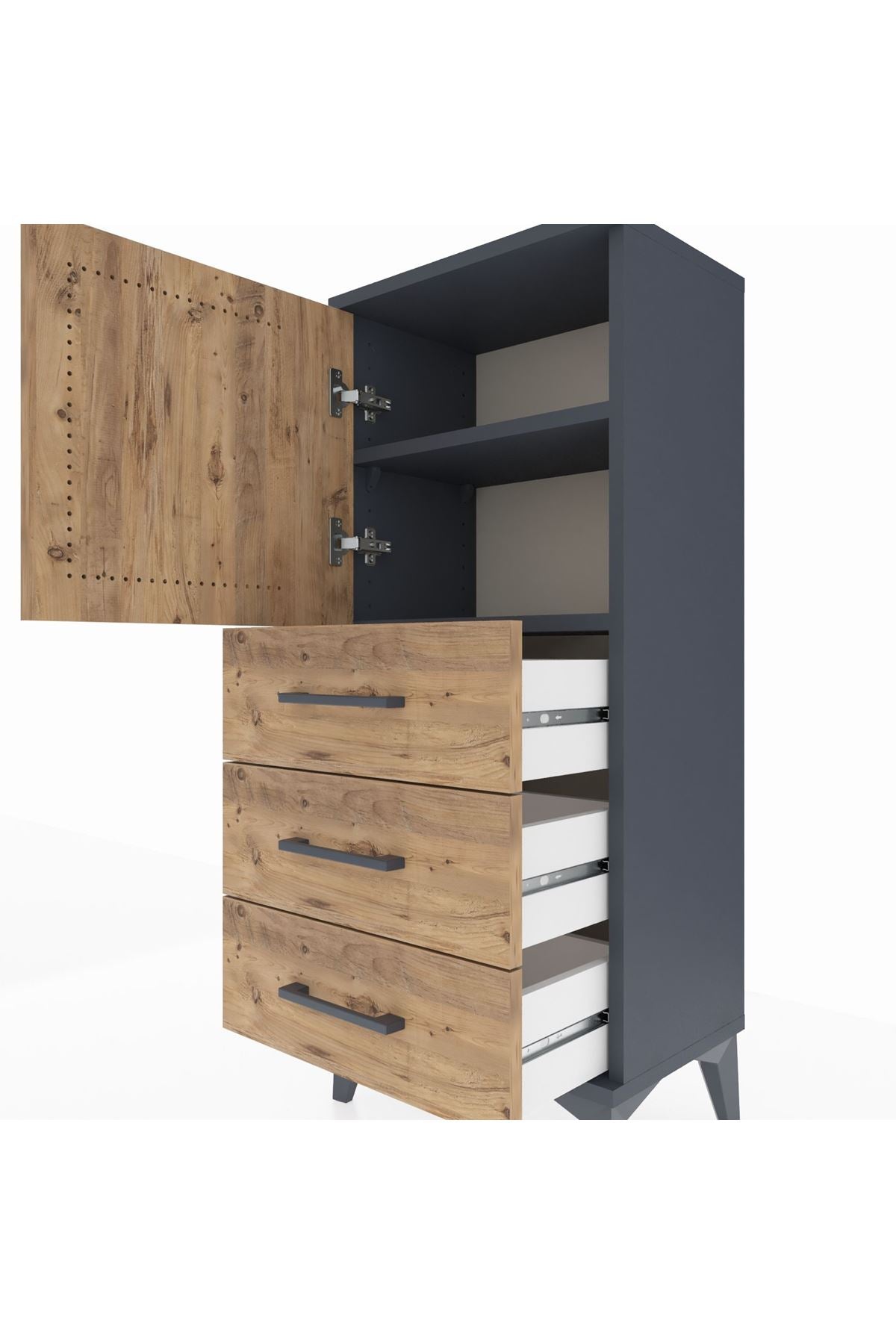 Arges Komodin 2 Raflı 3 Çekmeceli Tek Kapaklı 44x30x106 Antrasit-Çam