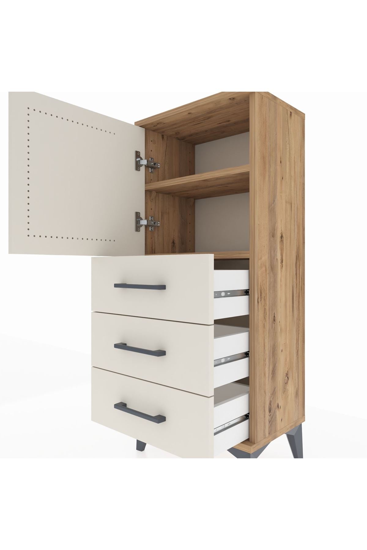 Arges Komodin 2 Raflı 3 Çekmeceli Tek Kapaklı 44x30x106 Çam-Aytaşı