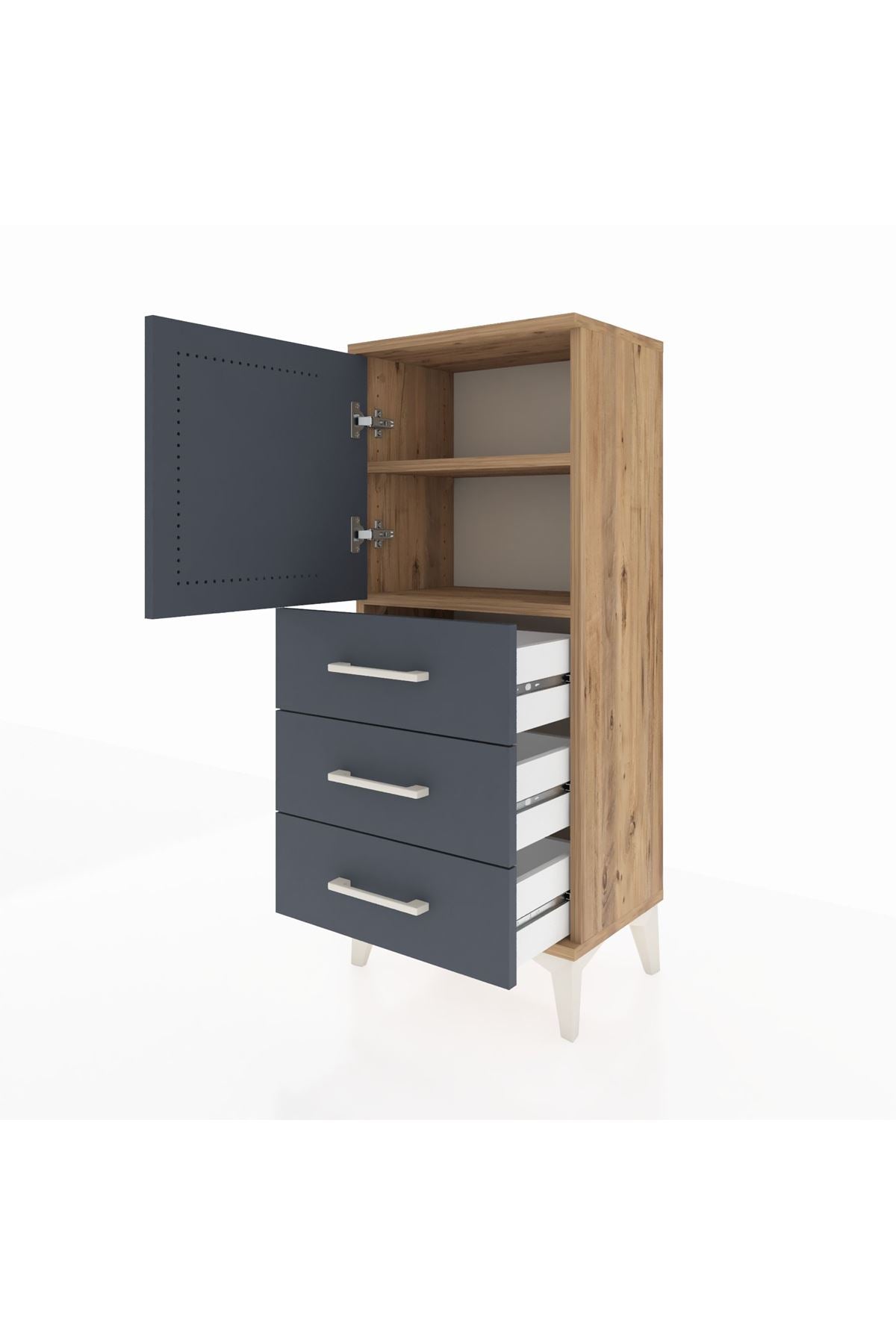 Arges Komodin 2 Raflı 3 Çekmeceli Tek Kapaklı 44x30x106 Çam-Antrasit