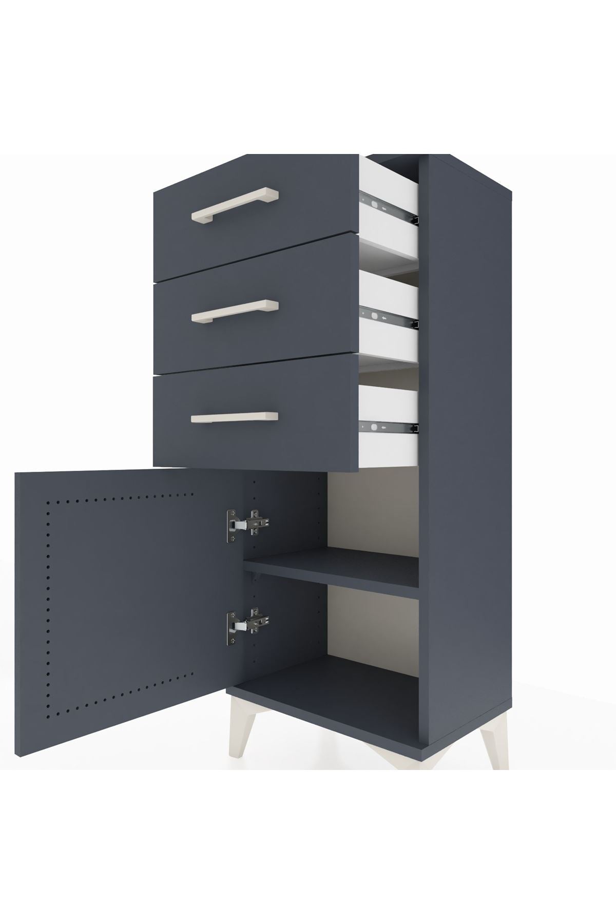 Arges Komodin Tek Raflı 3 Çekmeceli Tek Kapaklı 44x30x106 Antrasit-Antrasit