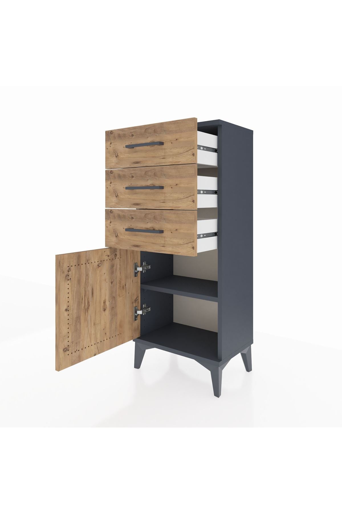 Arges Komodin Tek Raflı 3 Çekmeceli Tek Kapaklı 44x30x106 Antrasit-Çam