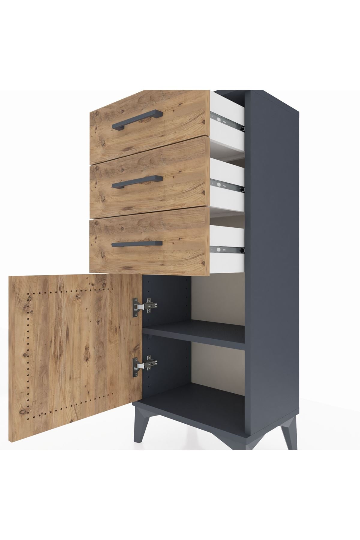 Arges Komodin Tek Raflı 3 Çekmeceli Tek Kapaklı 44x30x106 Antrasit-Çam