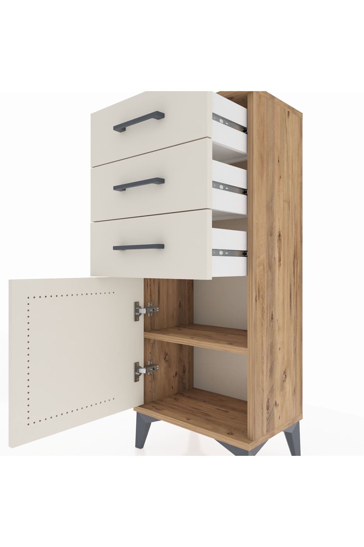 Arges Komodin Tek Raflı 3 Çekmeceli Tek Kapaklı 44x30x106 Çam-Aytaşı