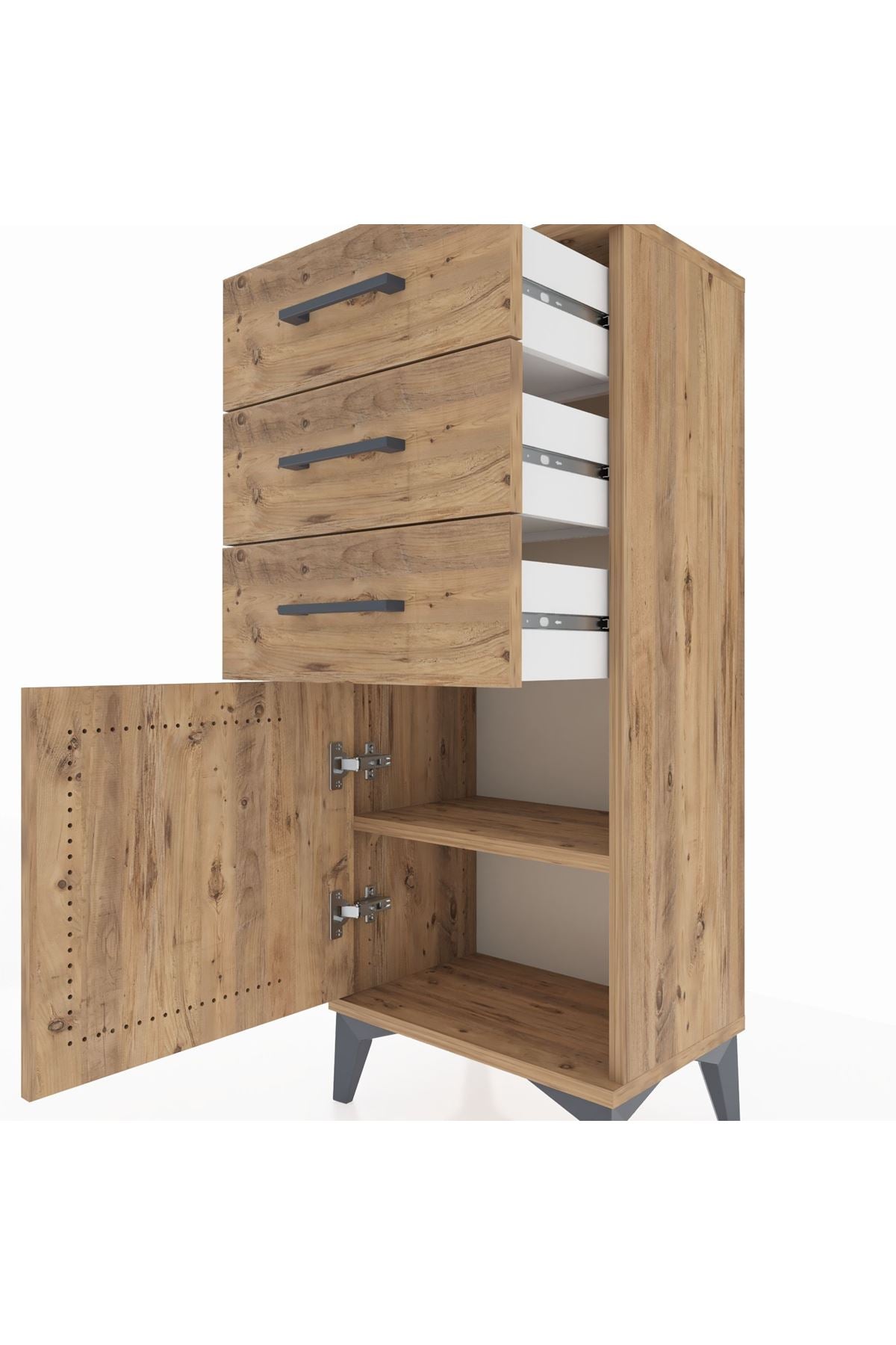 Arges Komodin Tek Raflı 3 Çekmeceli Tek Kapaklı 44x30x106 Çam-Çam