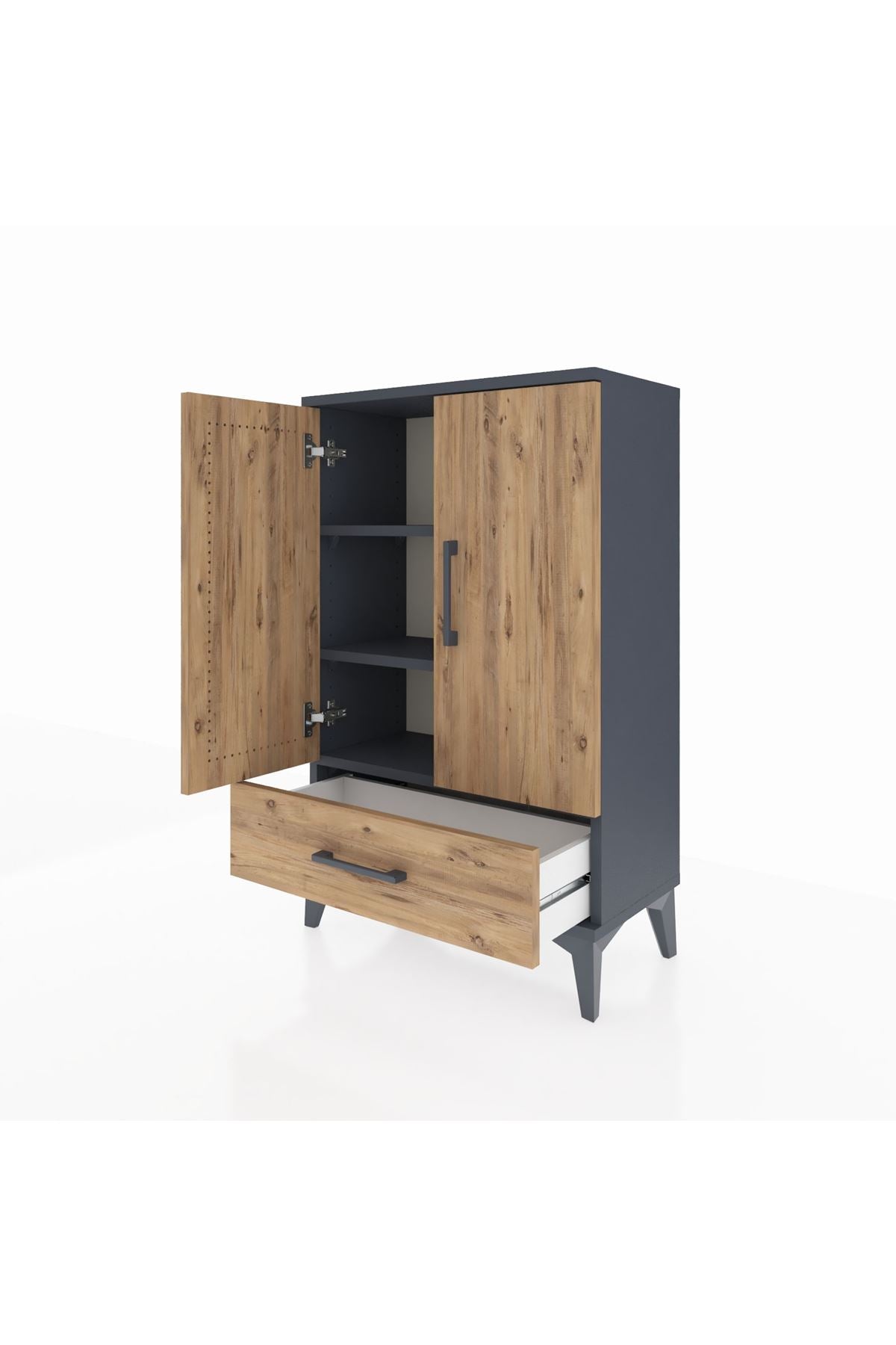 Arges Komodin 2 Raflı Tek Çekmeceli 2 Kapaklı 60x30x96 Antrasit-Çam