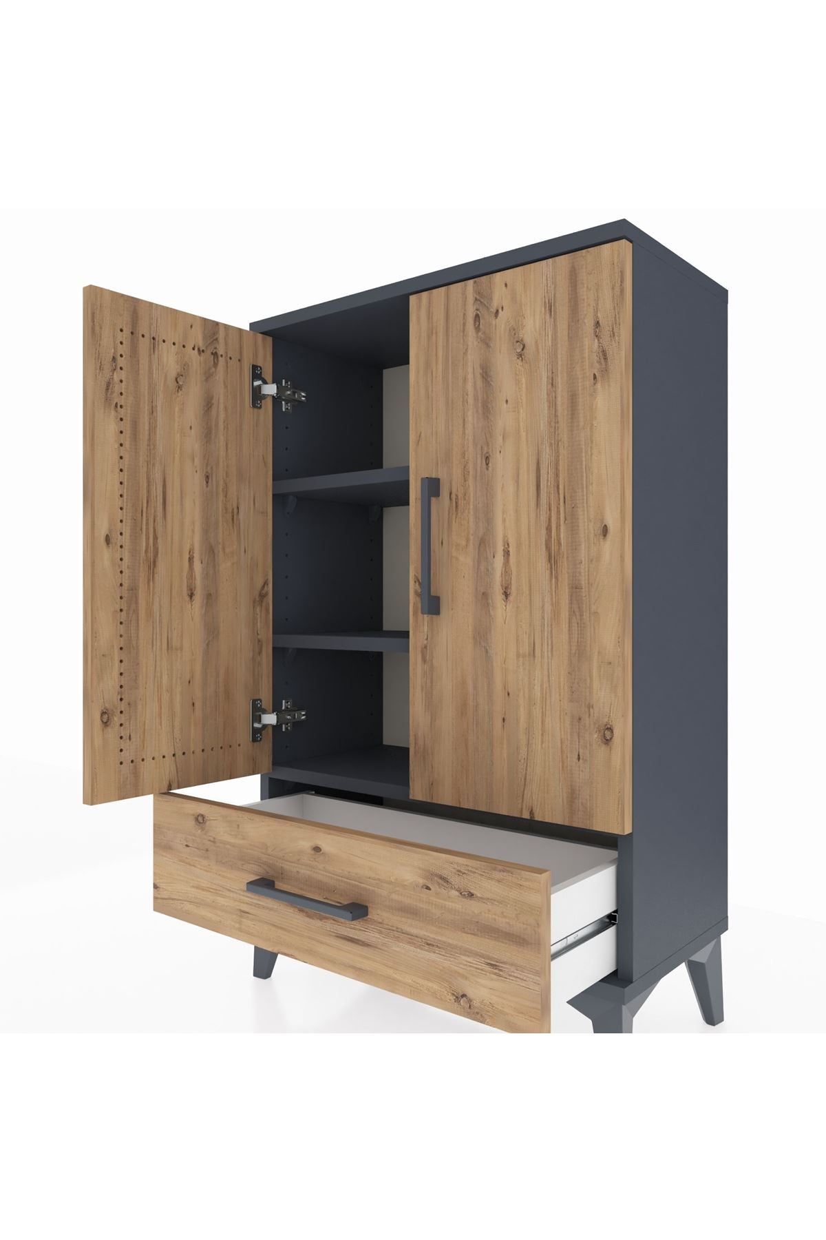 Arges Komodin 2 Raflı Tek Çekmeceli 2 Kapaklı 60x30x96 Antrasit-Çam