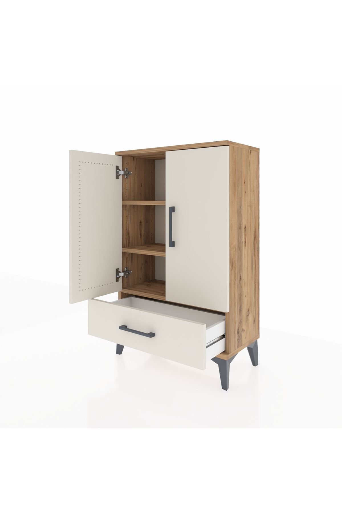 Arges Komodin 2 Raflı Tek Çekmeceli 2 Kapaklı 60x30x96 Çam-Aytaşı